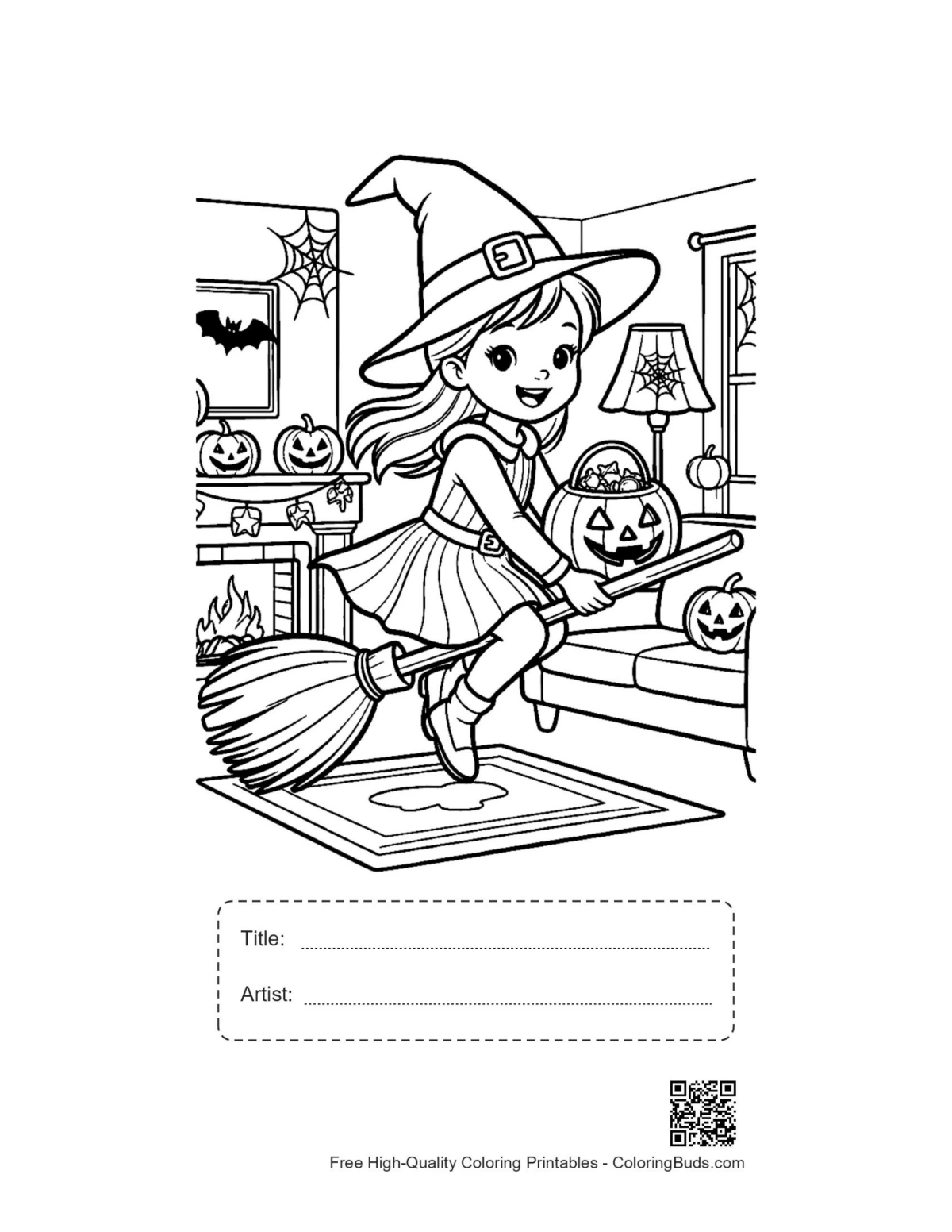 Witch girl and jack-o-lantern printable with title box