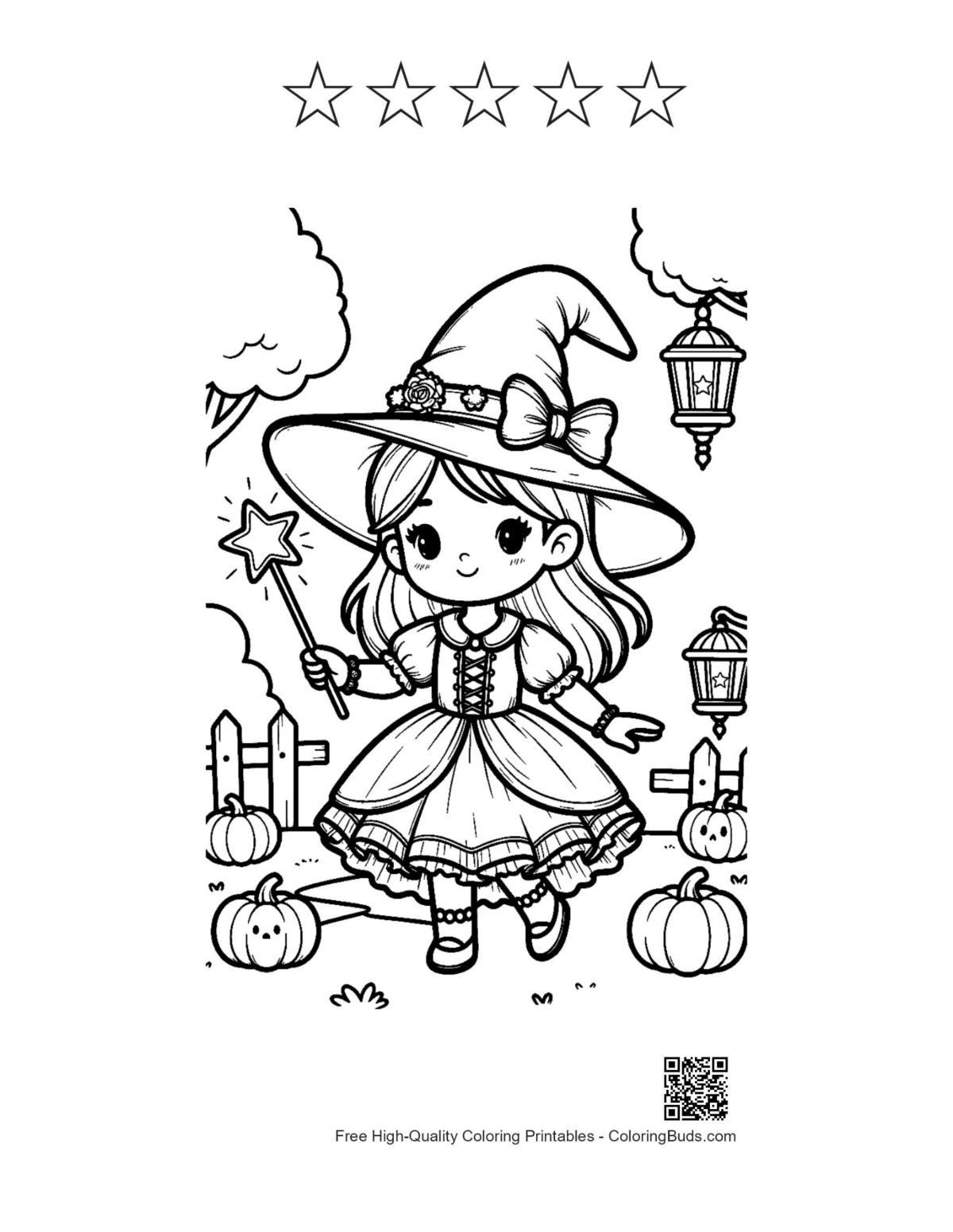 Cute witch coloring printable with 5 star outlines in pumpkin patch