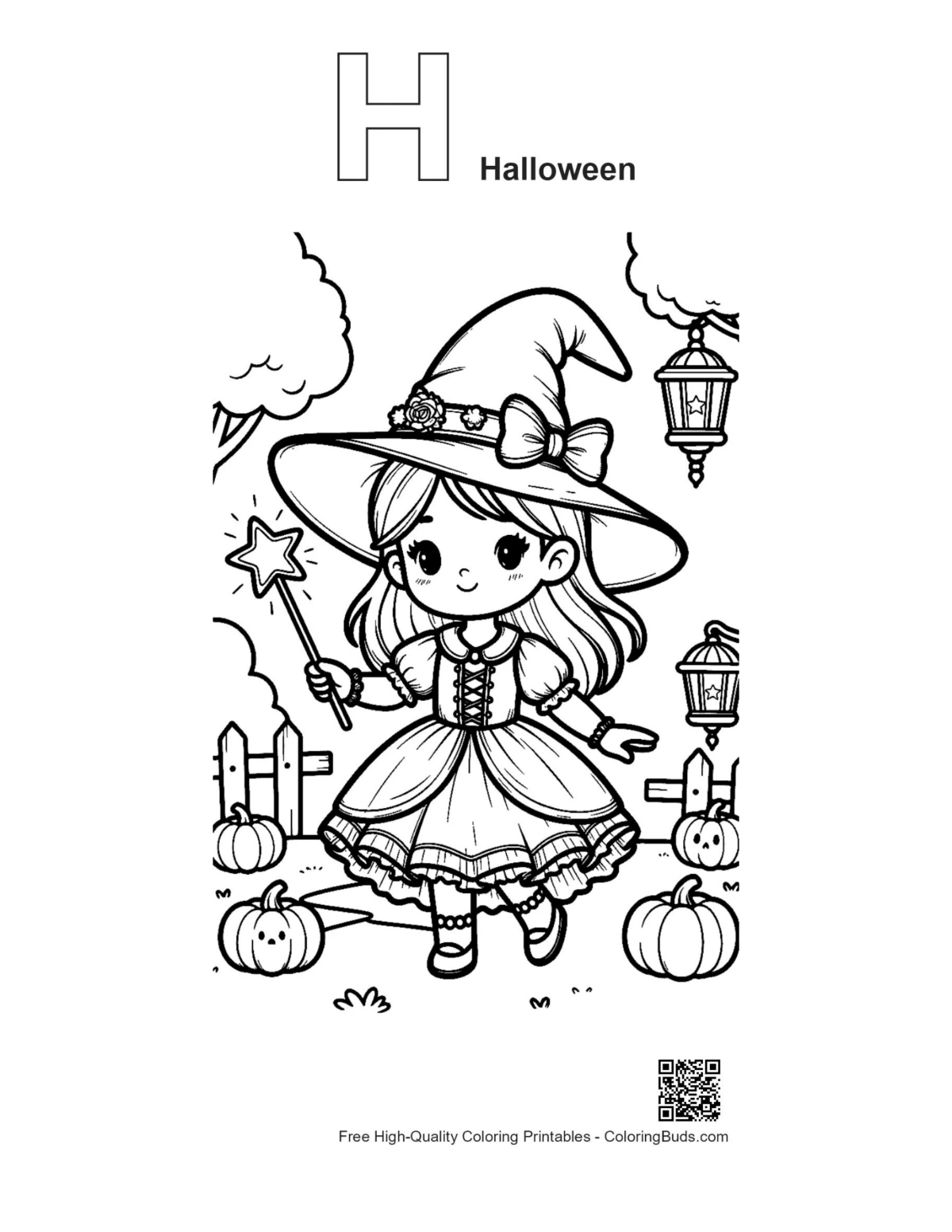 Little witch pumpkin patch coloring page with H Halloween alphabet outline
