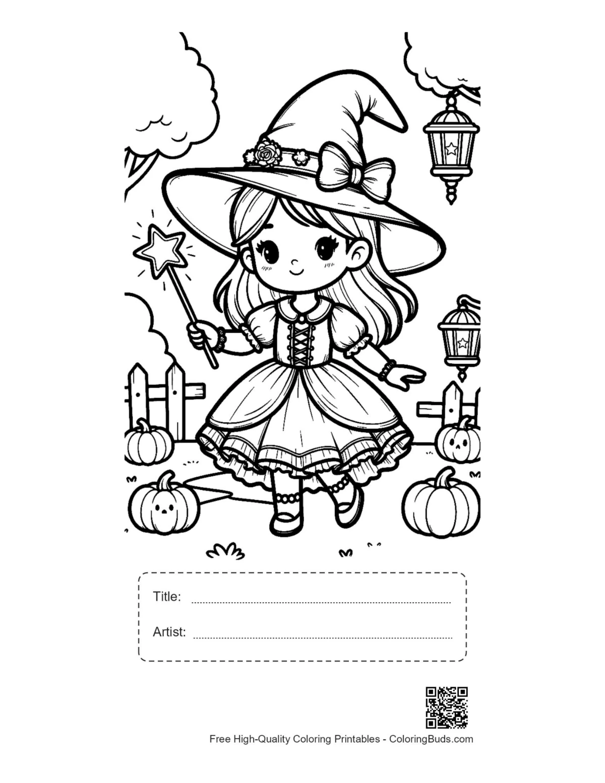 Witch coloring page with title and artist box in pumpkin patch