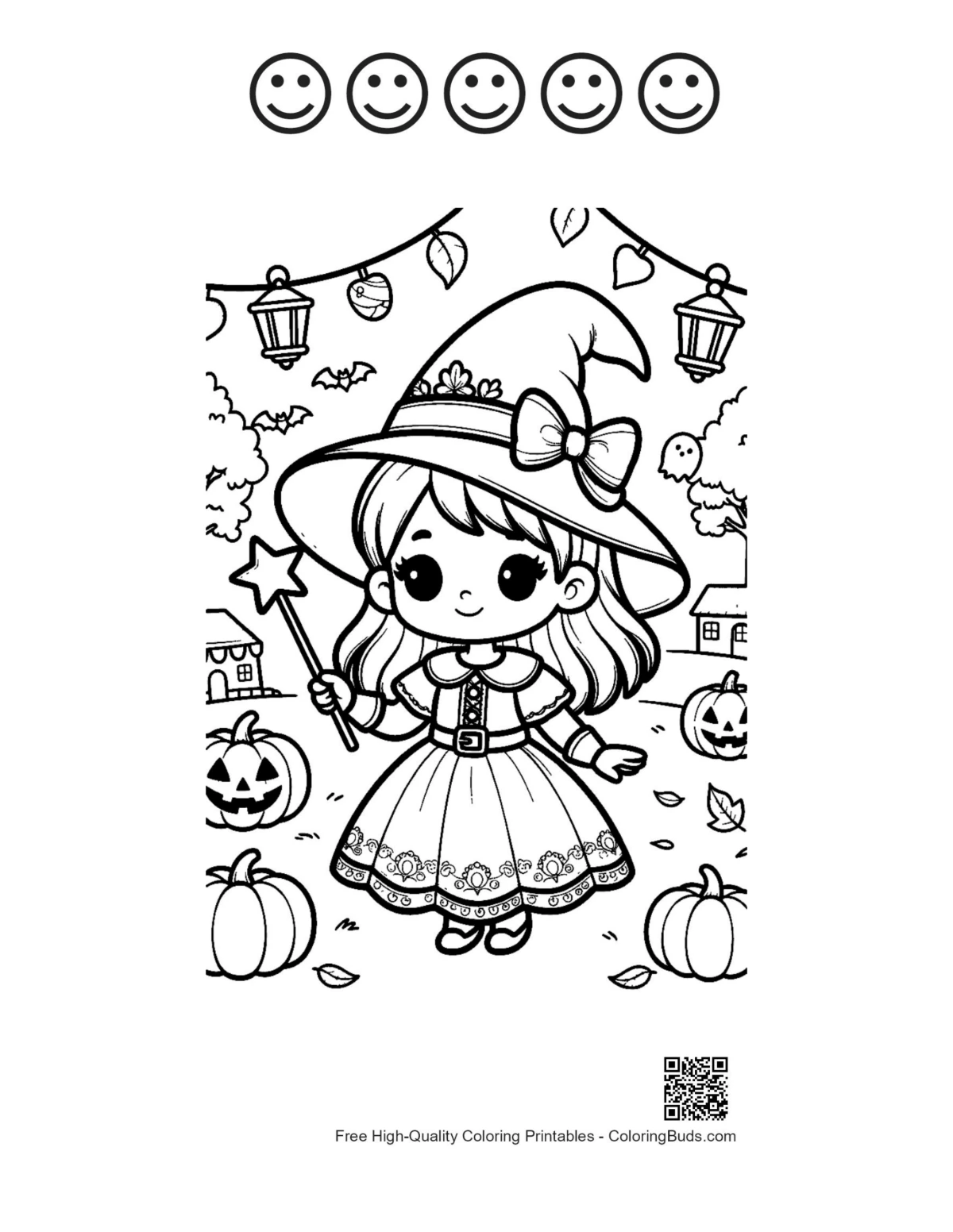Witch girl page with 5 happy face outlines