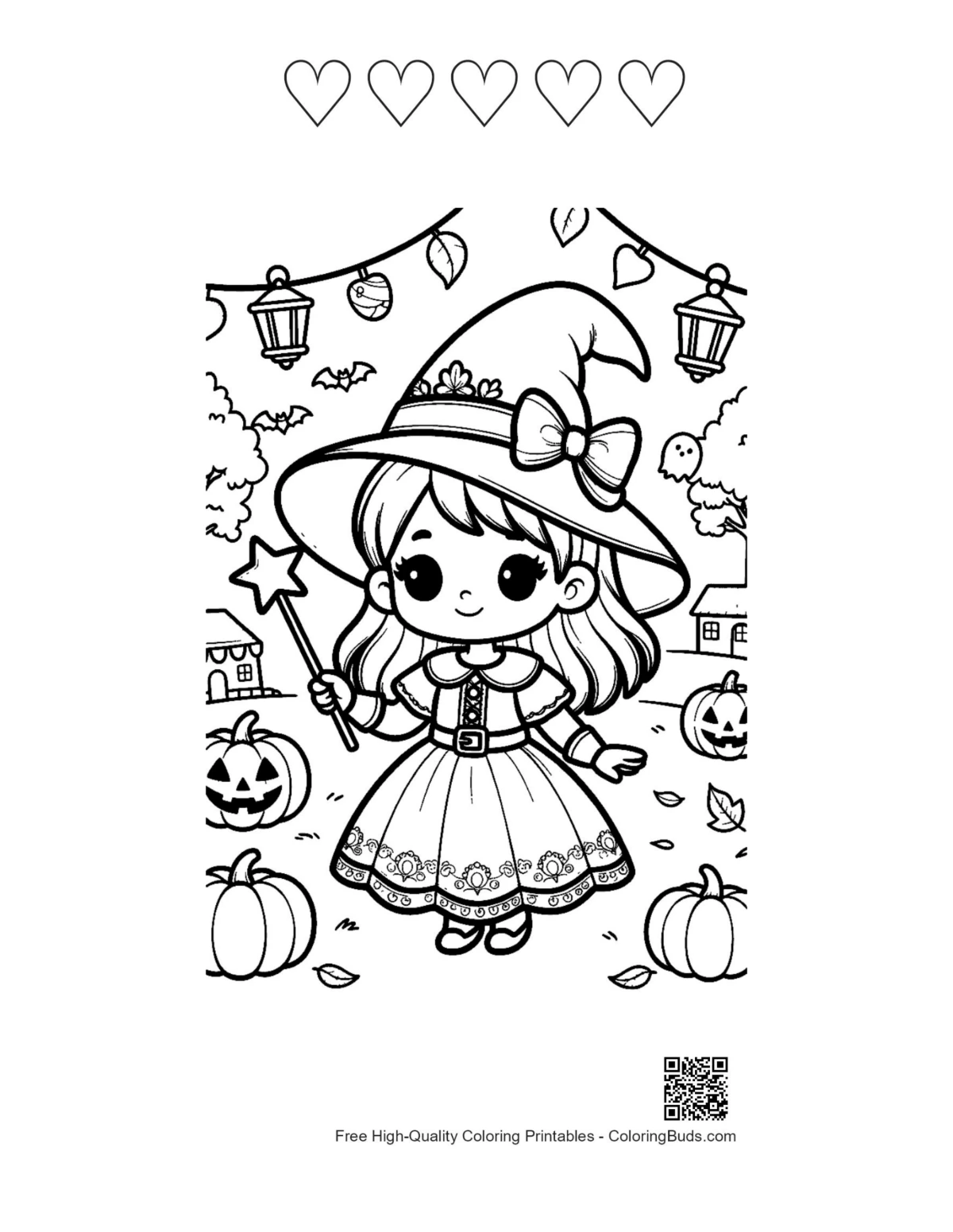 Witch fantasy sheet with 5 heart outlines