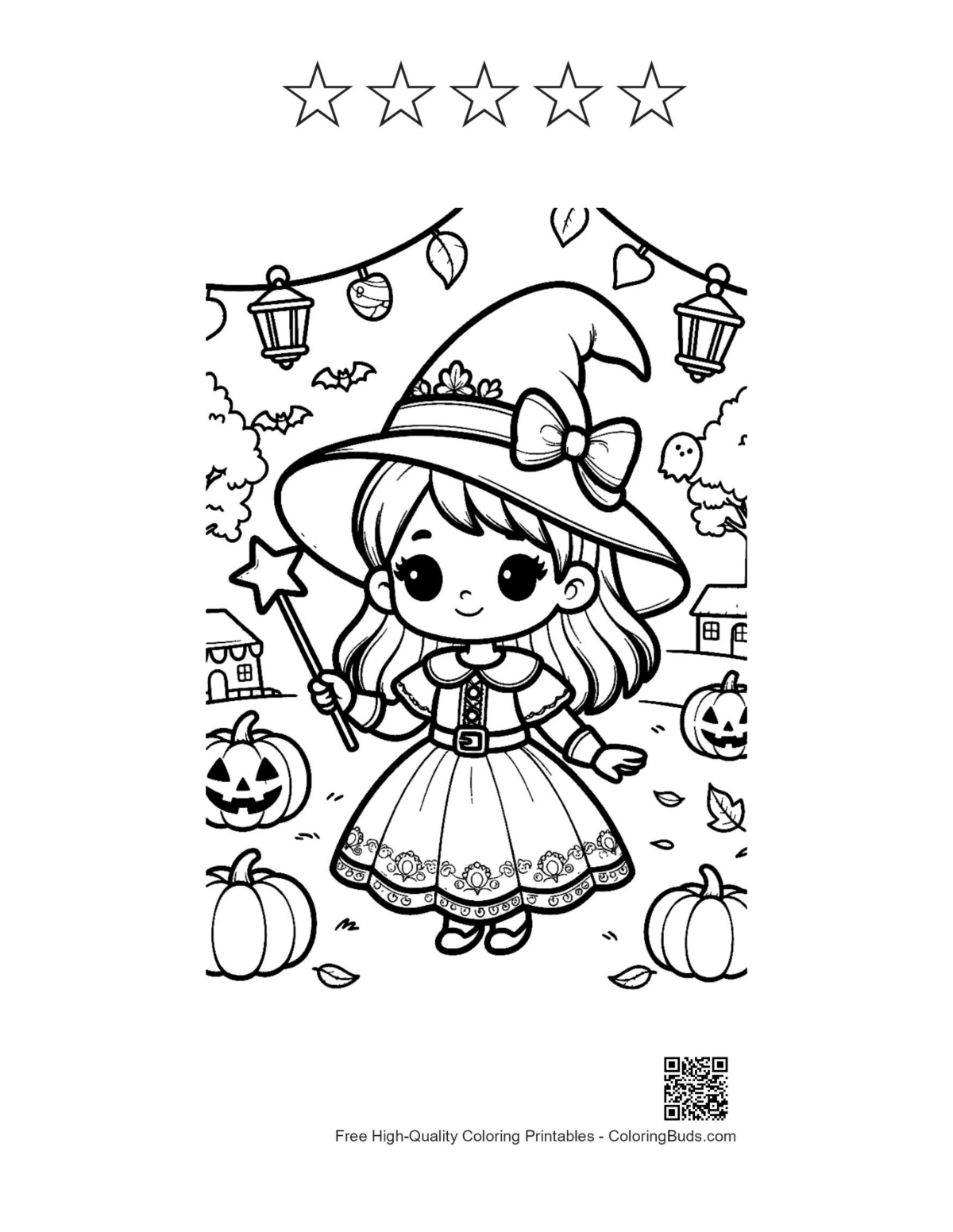 Witch coloring sheet with 5 star outlines