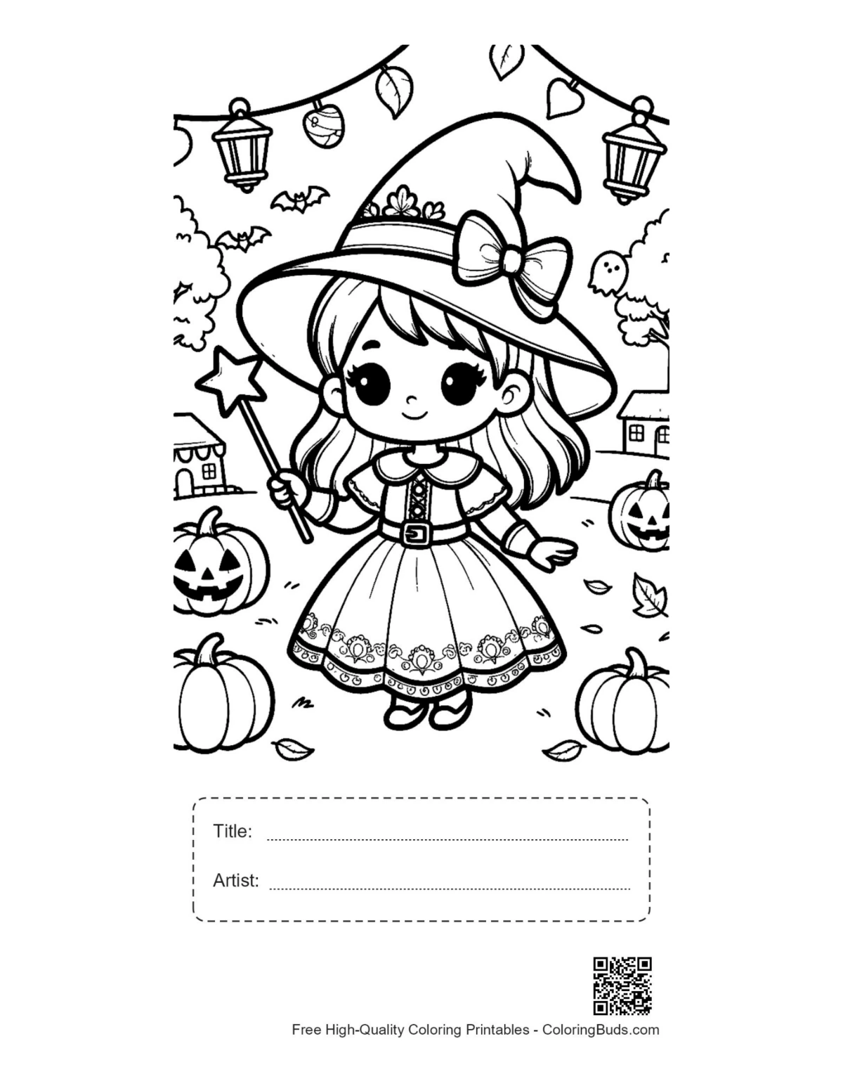 Witch girl spooky garden printable with title artist box