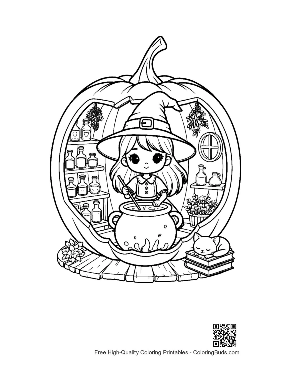 Cute chibi witch mixing spells in pumpkin workshop
