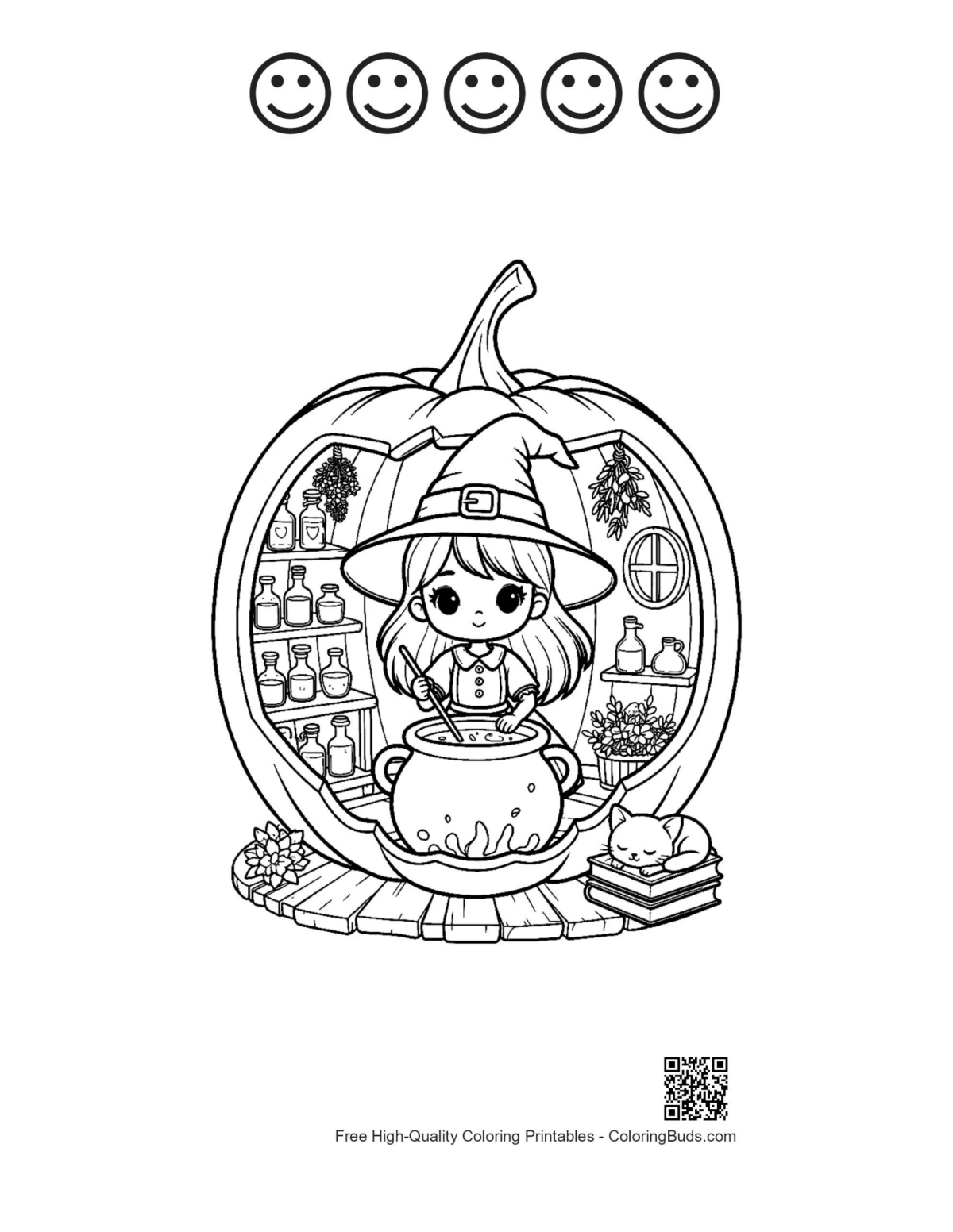 Cute witch page with 5 happy face outlines