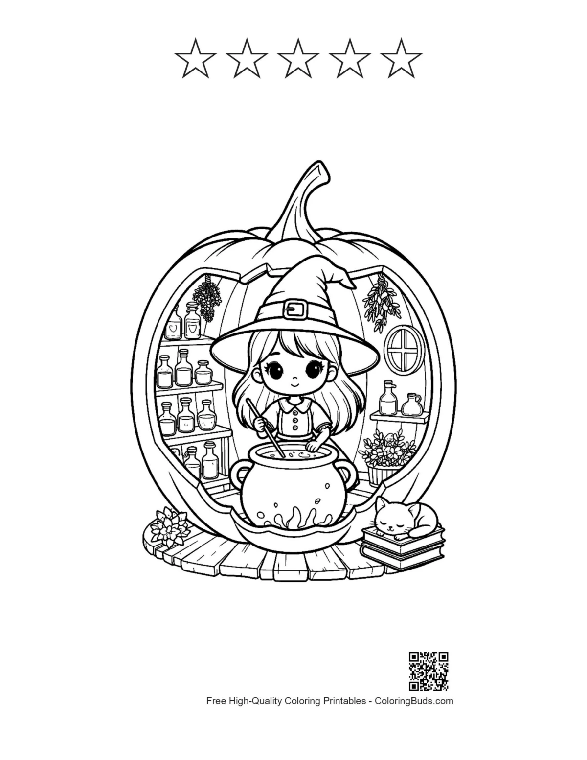 Chibi witch coloring with 5 star outlines