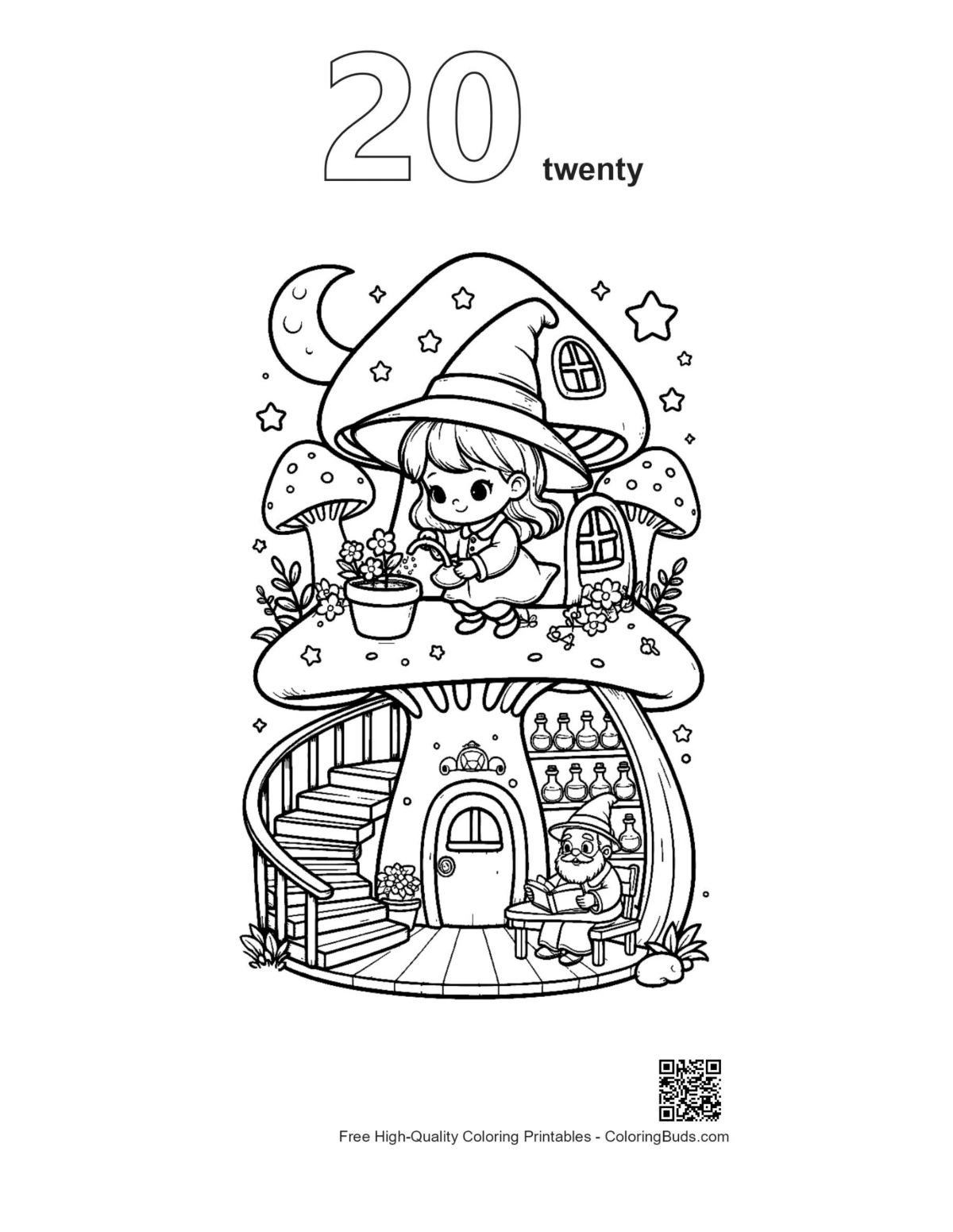 Chibi witches coloring outline #20 mushroom home