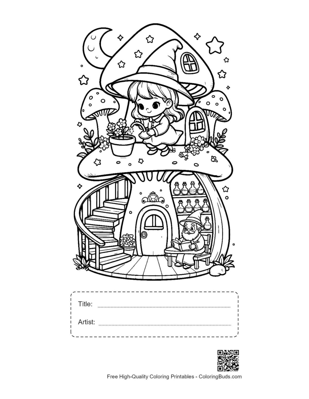 Chibi witches mushroom home printable with title box