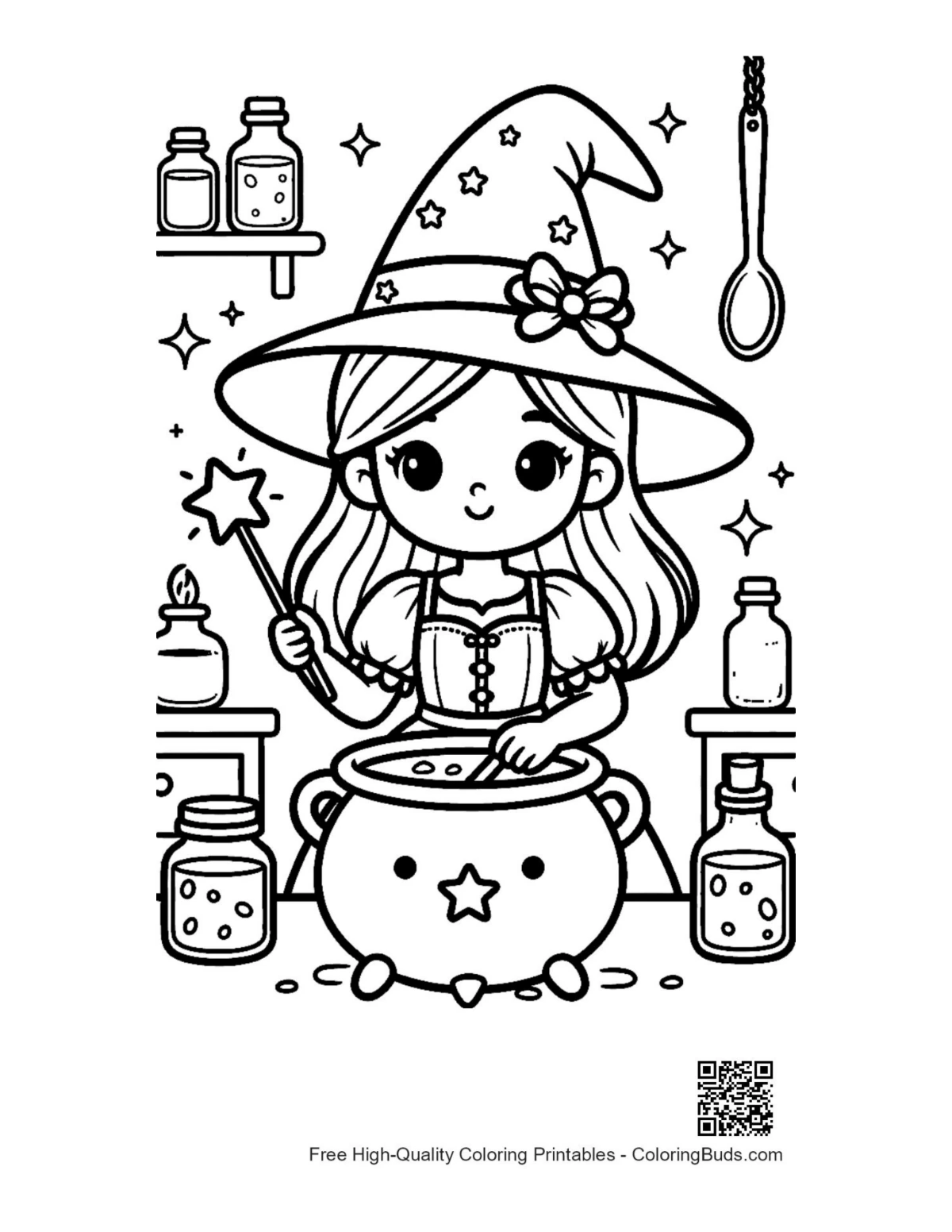 Cute witch brewing potion in magical workshop Halloween coloring page
