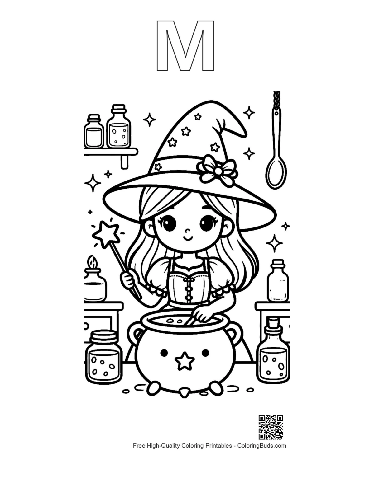 Cute witch Halloween coloring page with outline alphabet letter M