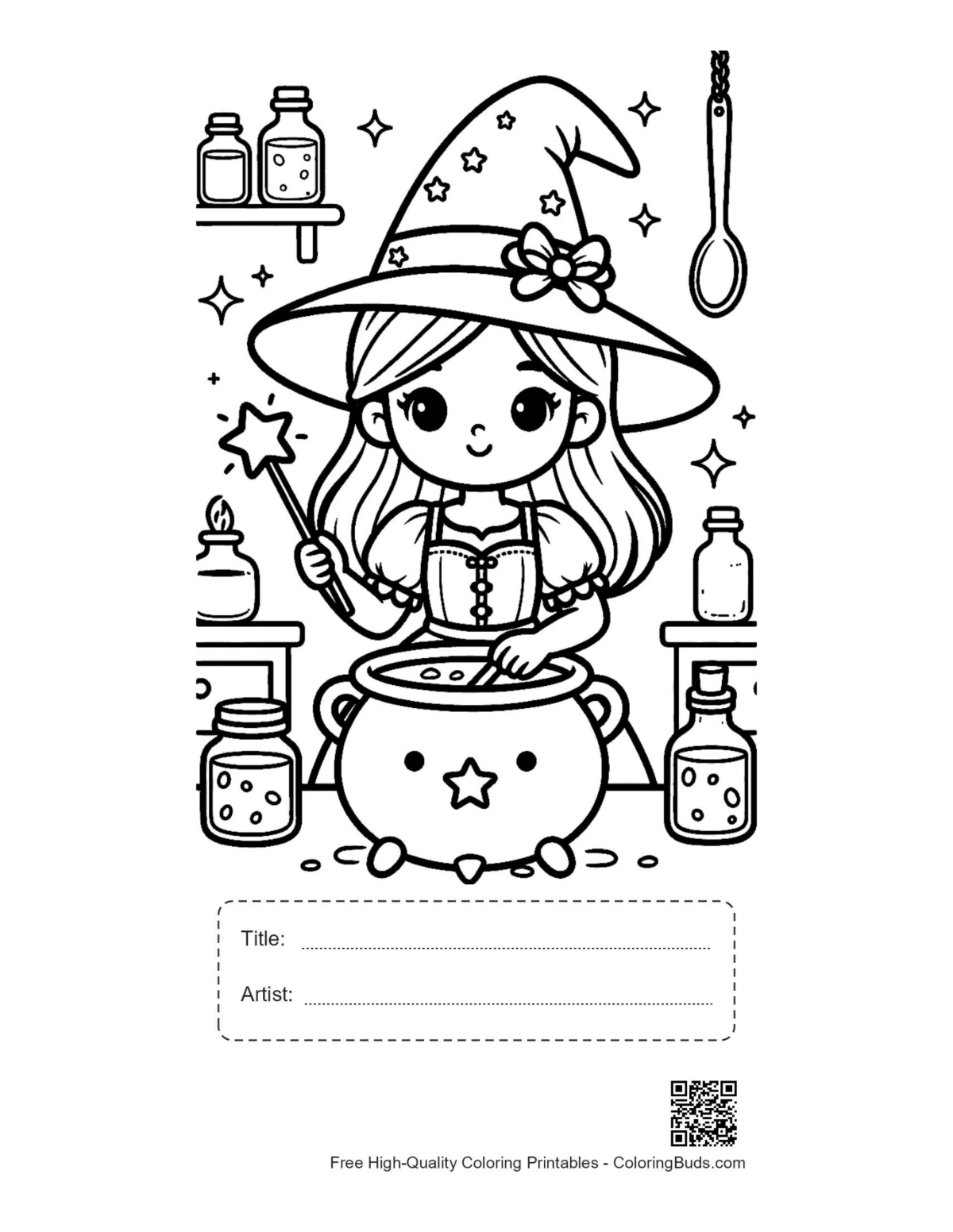 Cute witch potion Halloween printable with title and artist box