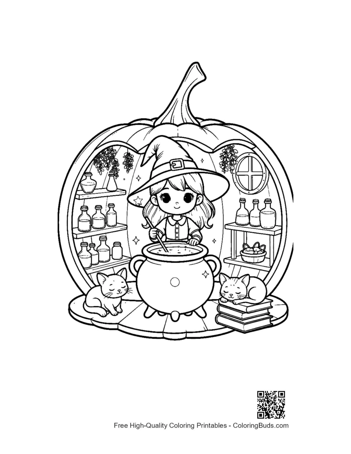 Cute witch brewing potions in hollow pumpkin coloring printable