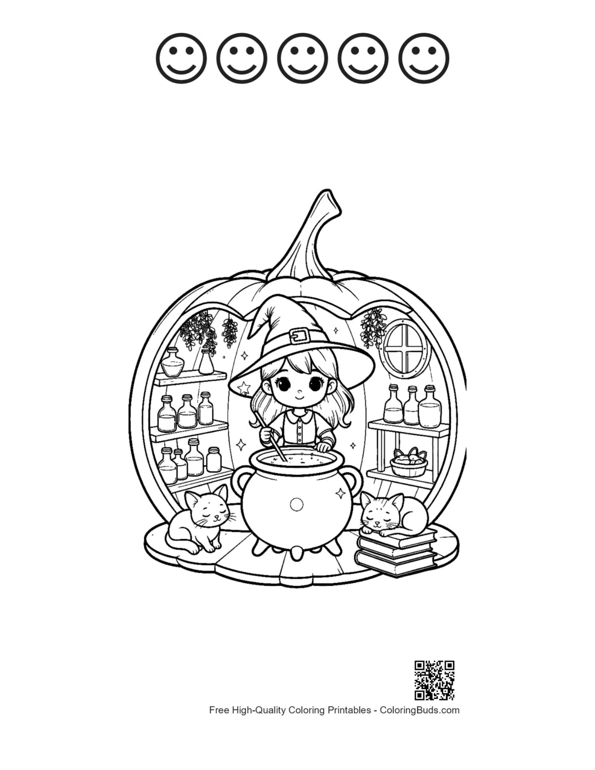 Cute witch potion page with 5 happy face outlines printable