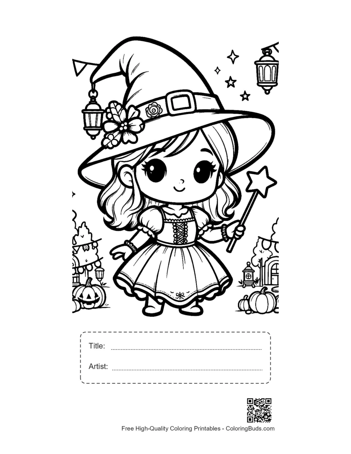 Cute witch Halloween printable with title artist box