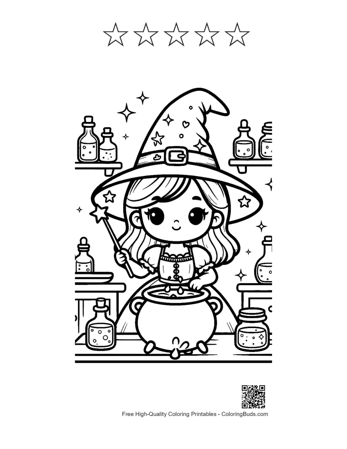 Cute witch and stars printable page
