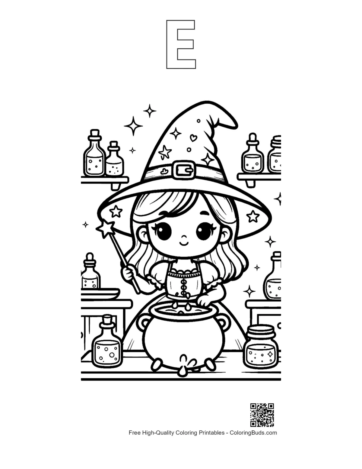 Cute witch with alphabet E outline