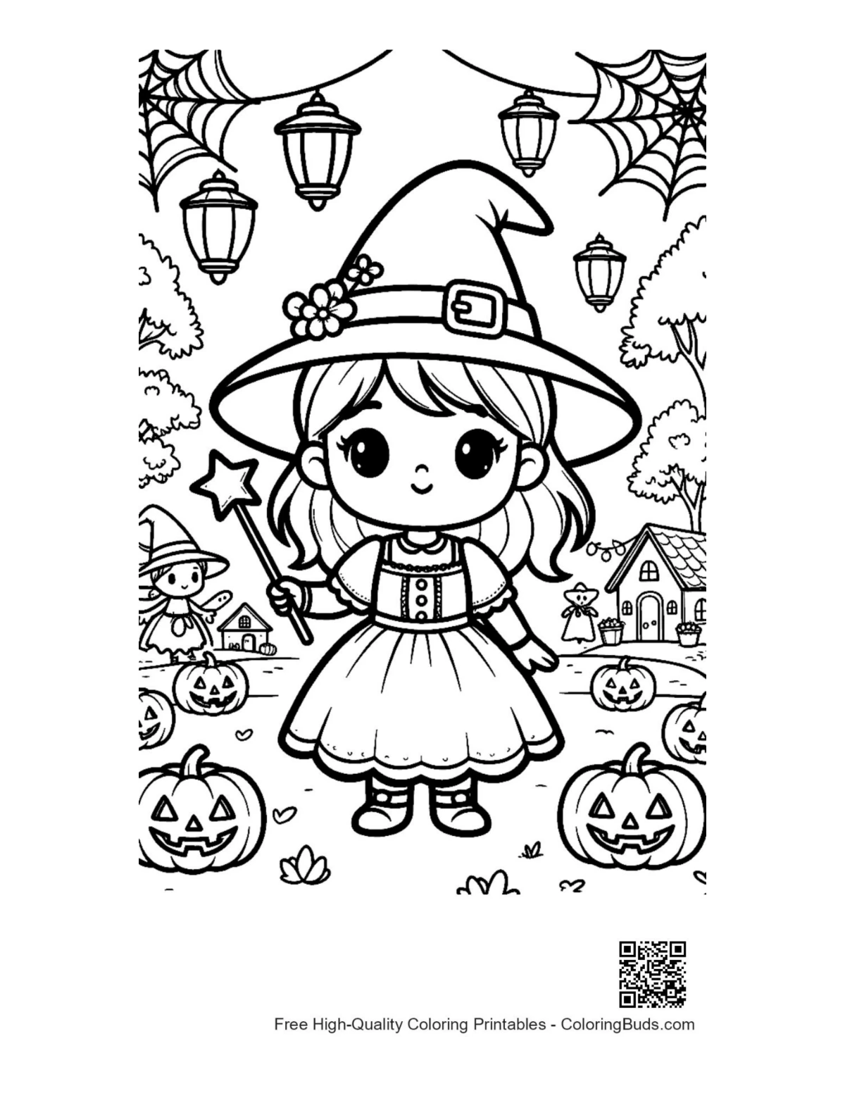 Cute witch broomstick starry Halloween night coloring page