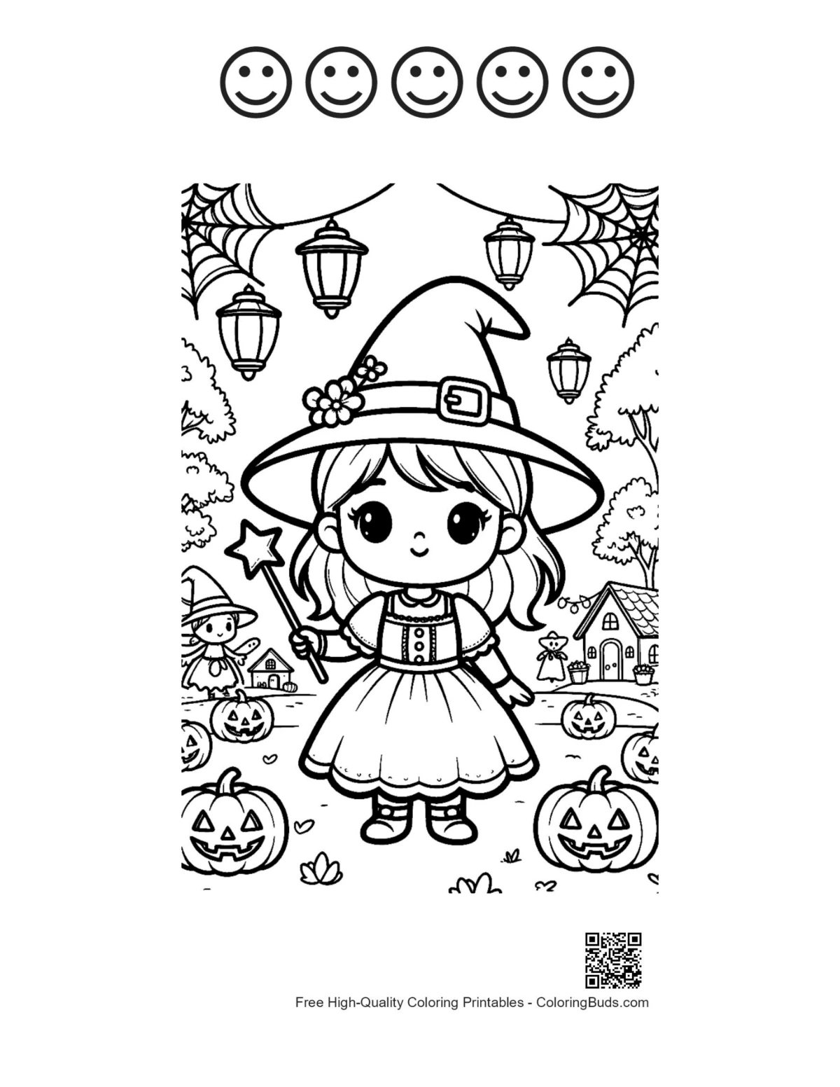 Cute witch broomstick with 5 happy faces coloring outline