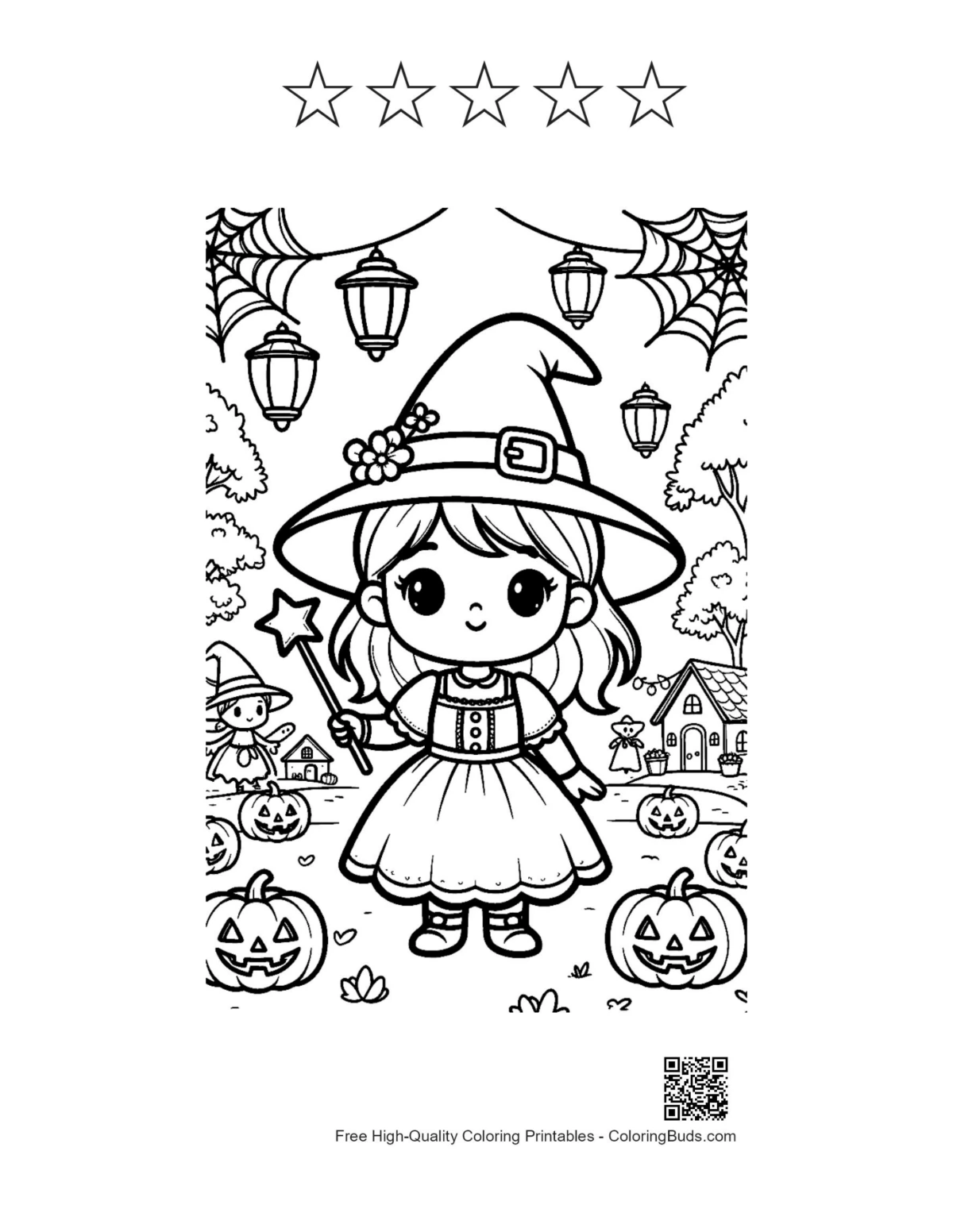 Cute witch coloring with 5 star outlines Halloween printable