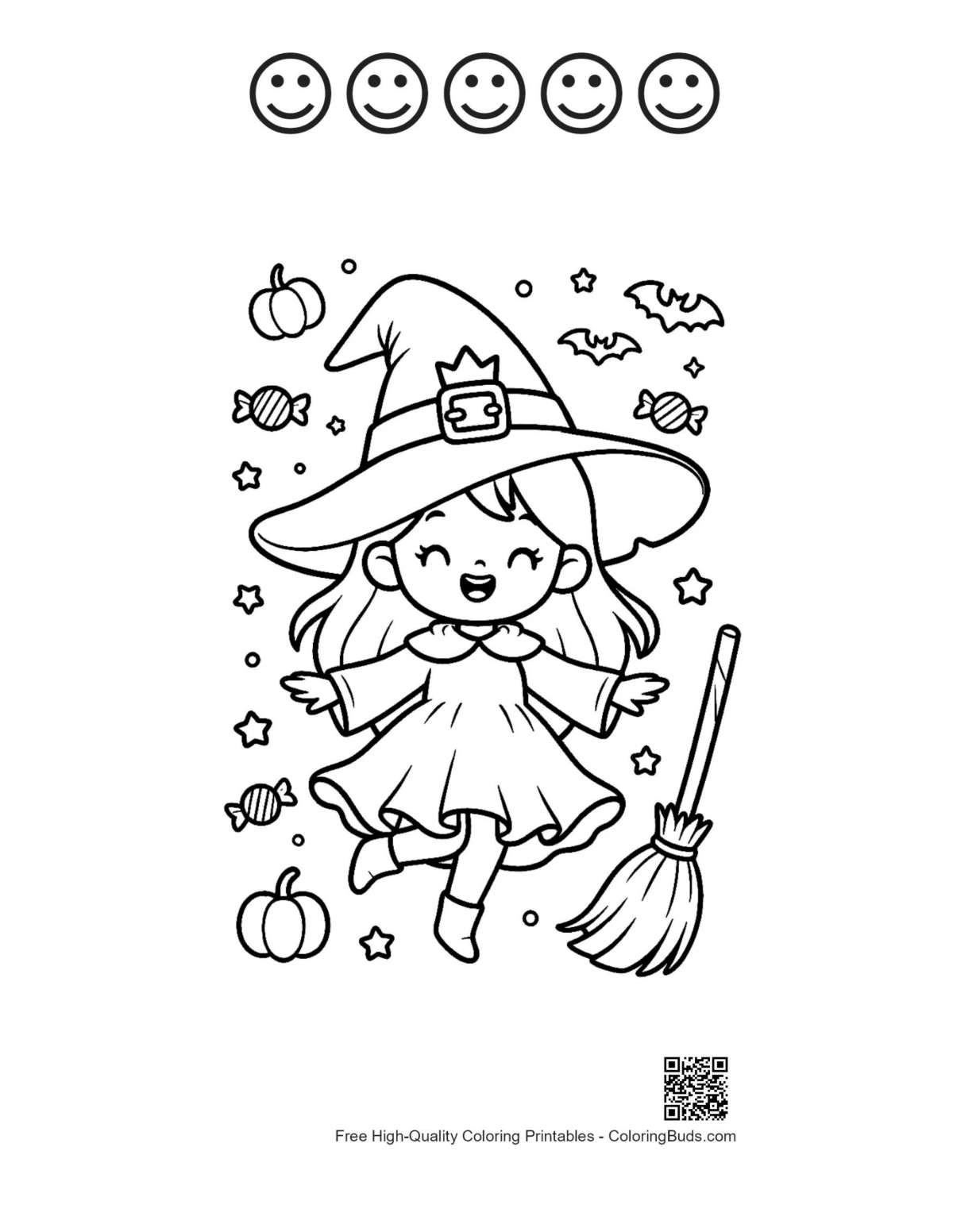 Cute witch broomstick pumpkins 5 happy face outline coloring sheet
