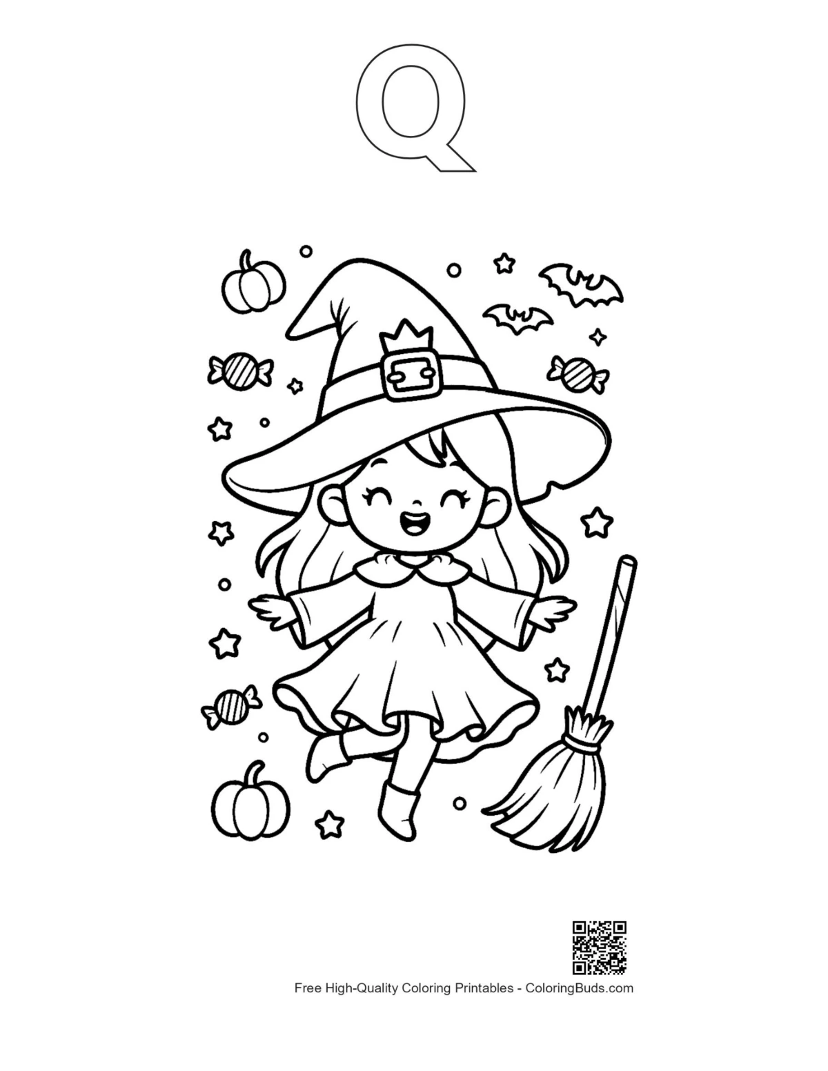 Cute witch pumpkins broomstick coloring page outline alphabet Q