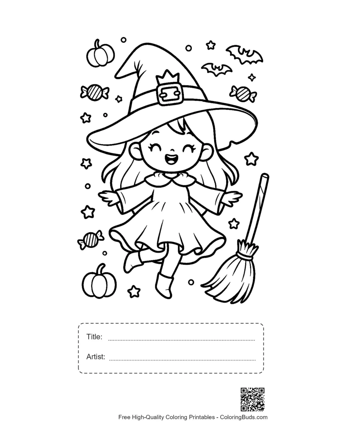 Cute witch coloring printable with title artist box pumpkins broomstick