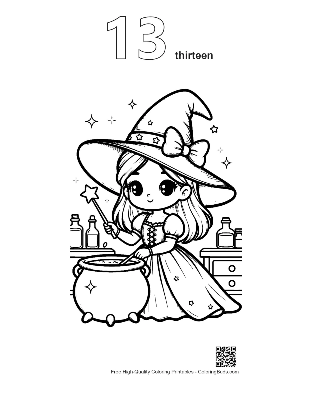 เส้นร่างแม่มดเลข 13 พิมพ์ได้ดาวน์โหลด