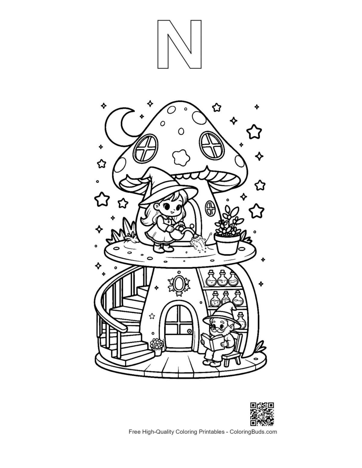 Witch coloring page with alphabet N outline
