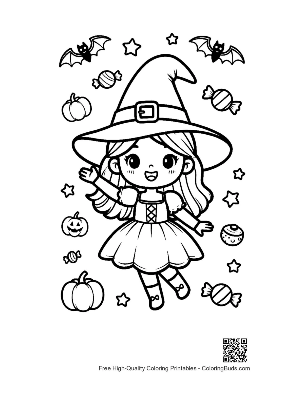 Süßes kostenloses Hexen-Ausmalbild zum Ausdrucken für Kinder