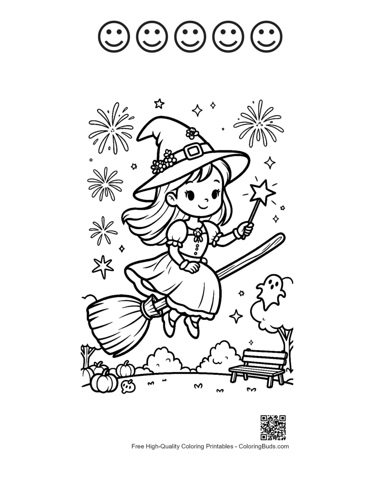 Cute witch and 5 happy faces outline printable