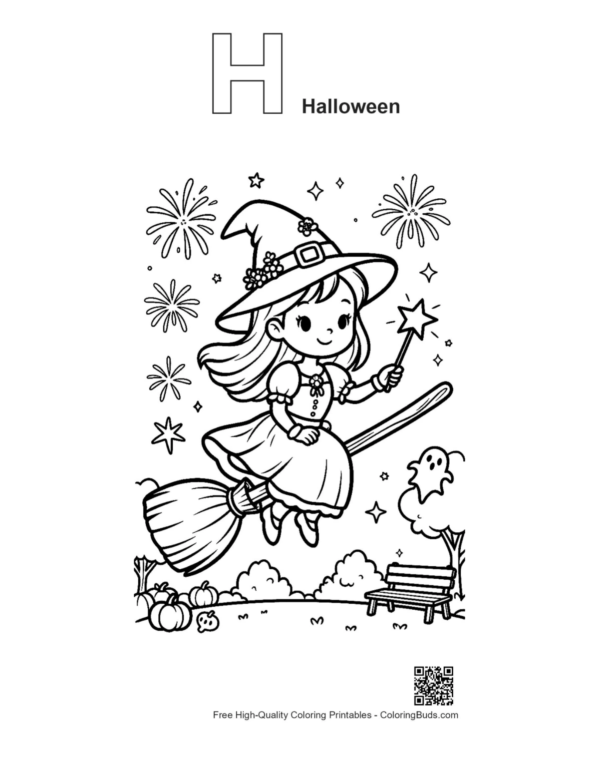 Witch coloring page with H alphabet Halloween outline