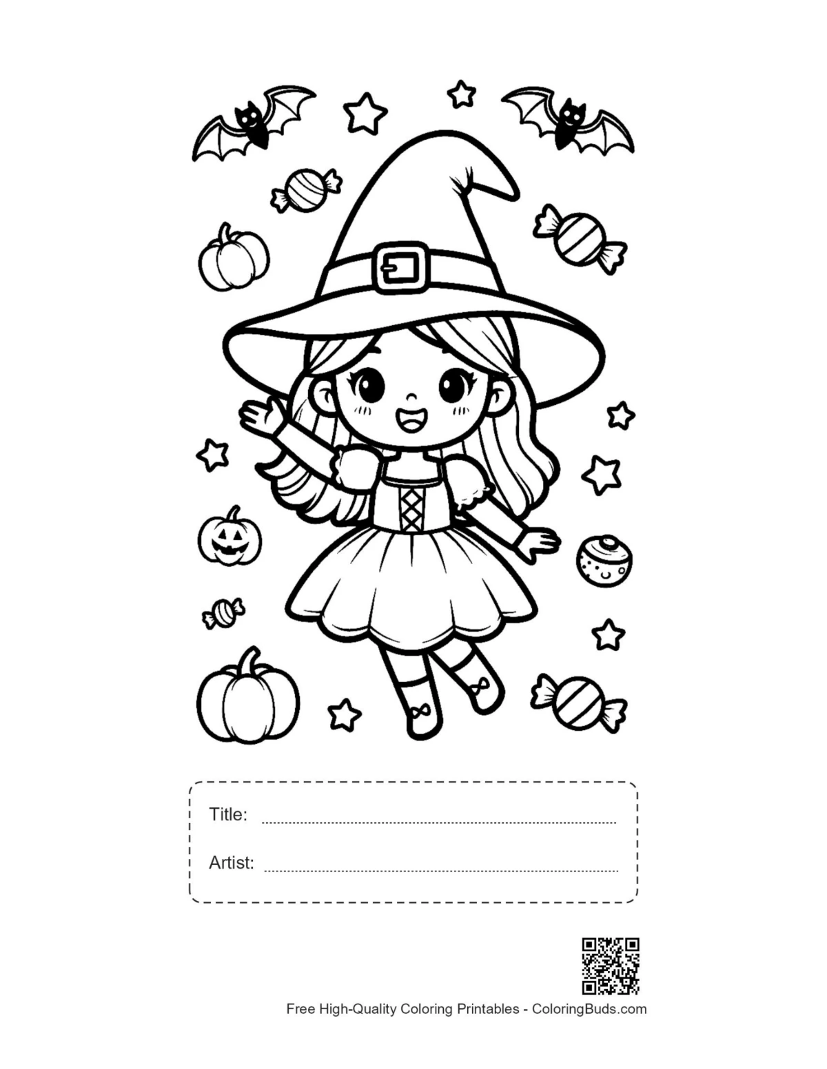 Kostenlose Hexe zum Ausdrucken mit Titel- und Künstlerfeld