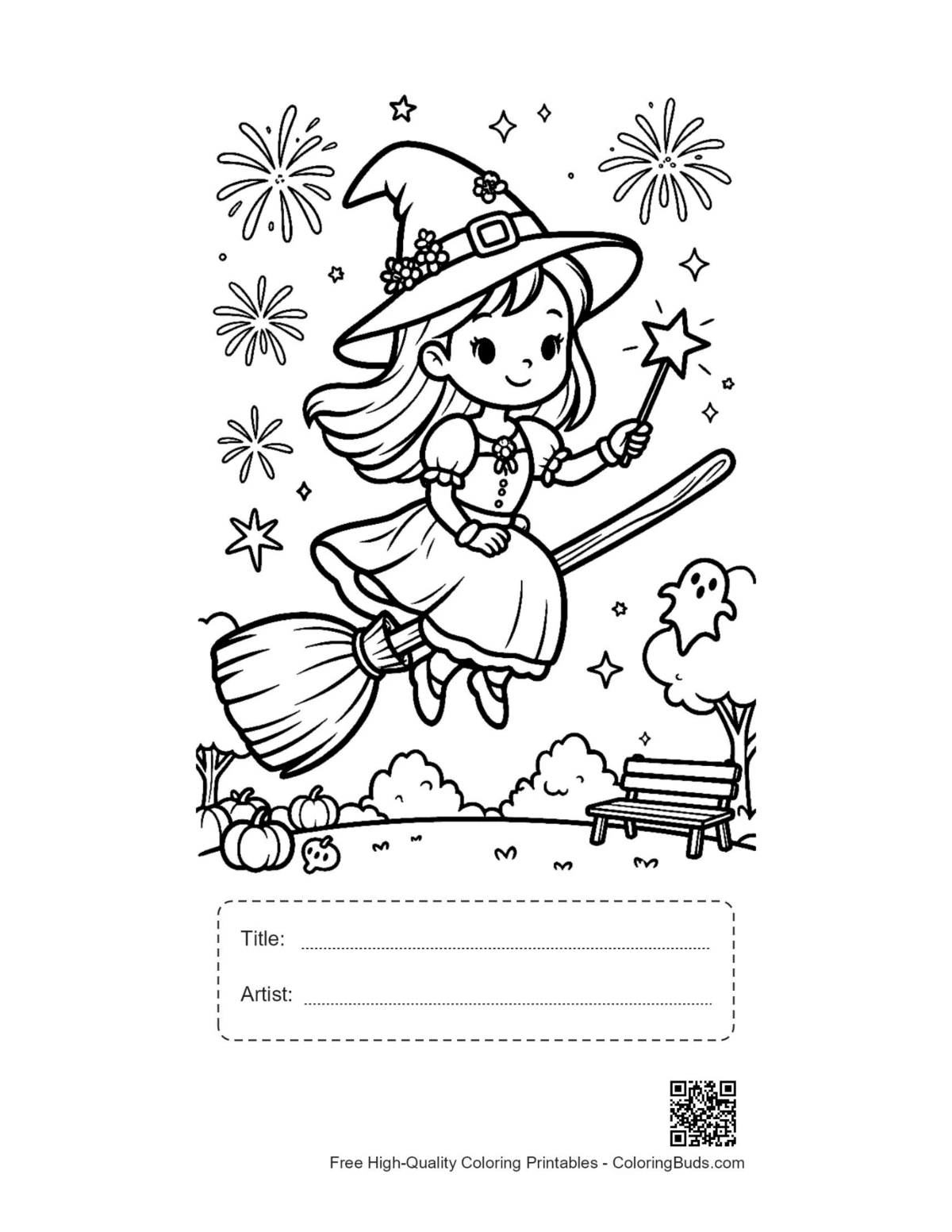 Printable witch page with title artist box for kids