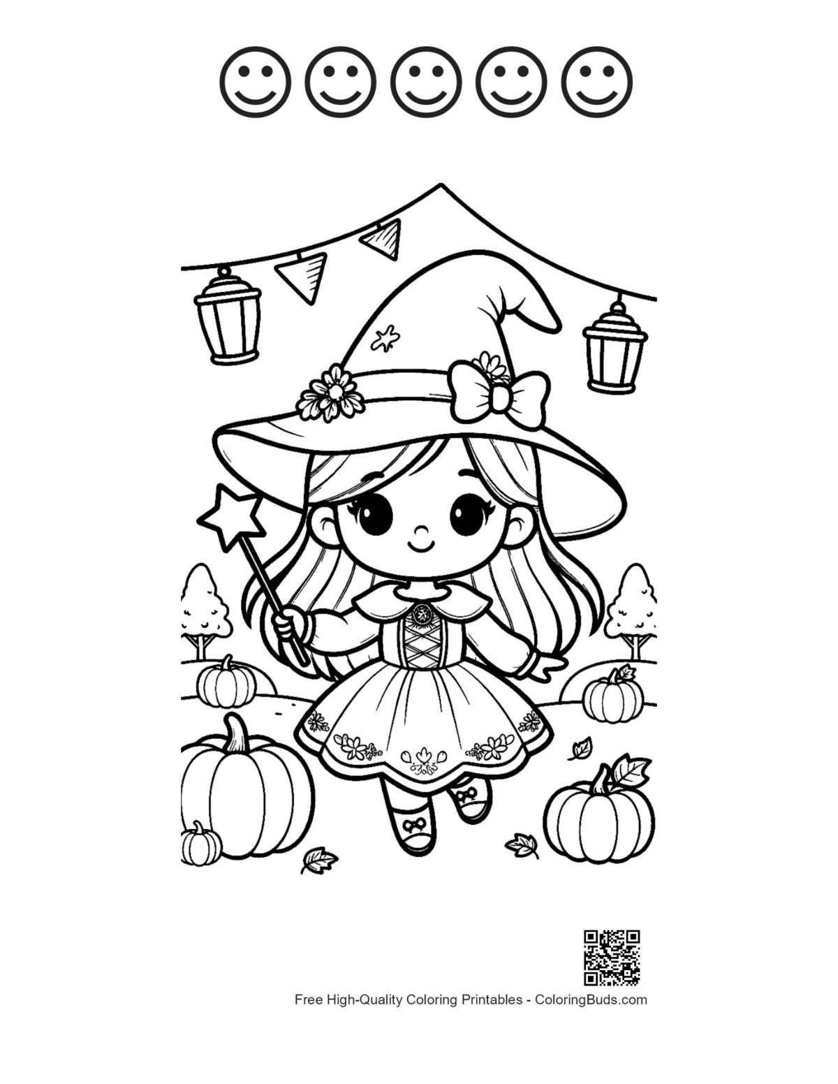 Cute witch page with 5 happy faces outline printable