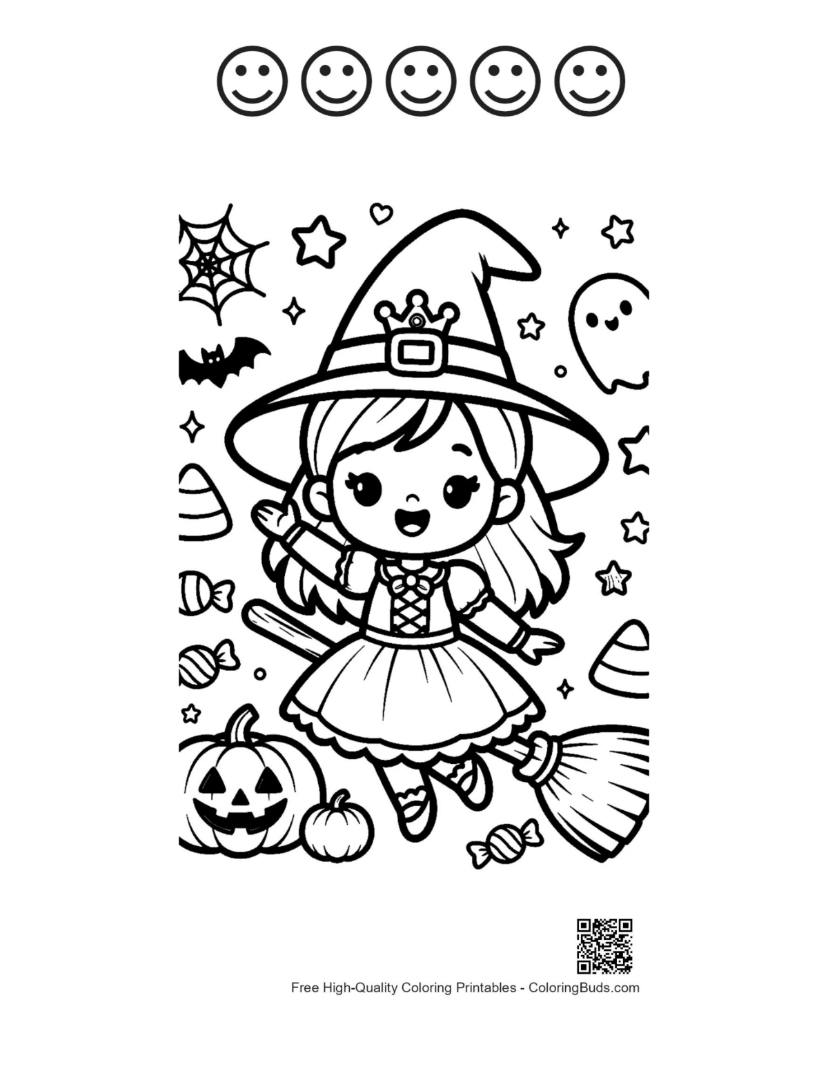 Happy face outline witch on broomstick cat pumpkins printable