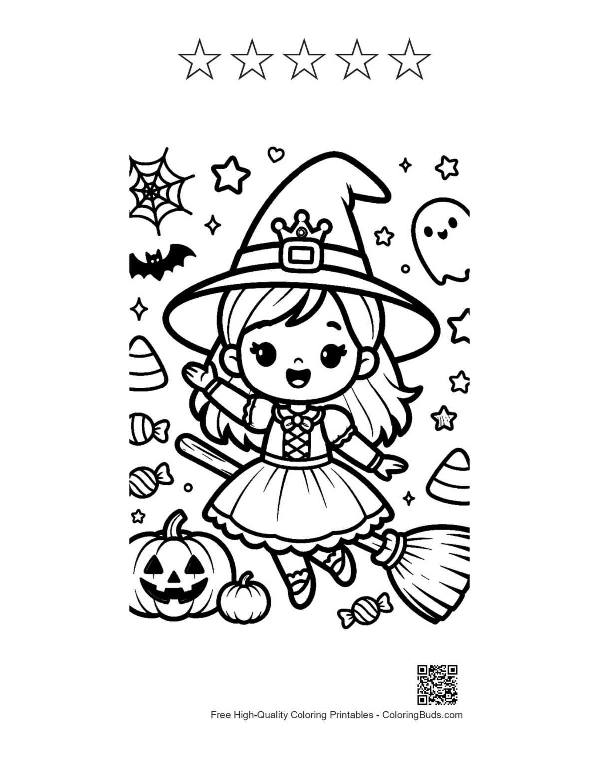 Witch coloring page with 5-star outline broomstick cat pumpkins