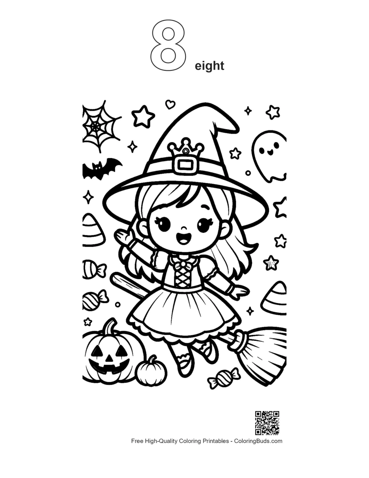 Number 8 outline witch broomstick cat pumpkins Halloween page