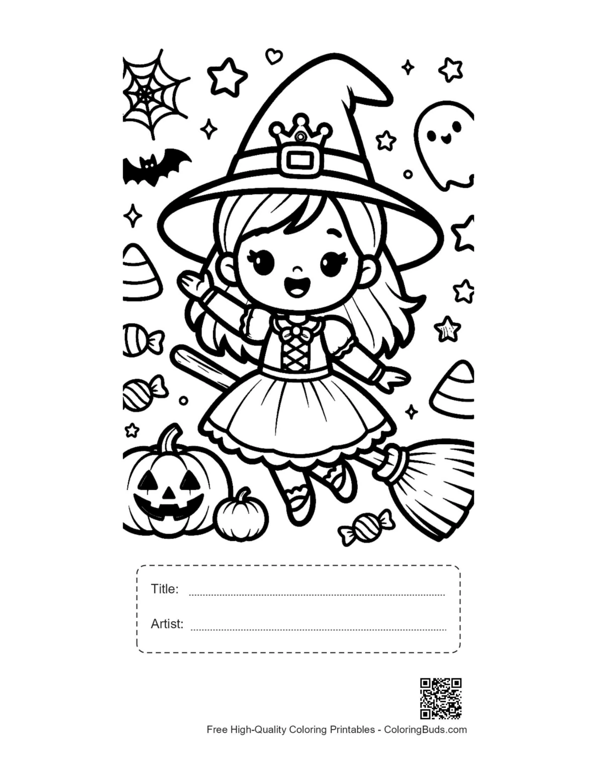 Little witch broomstick cat pumpkins printable with title box
