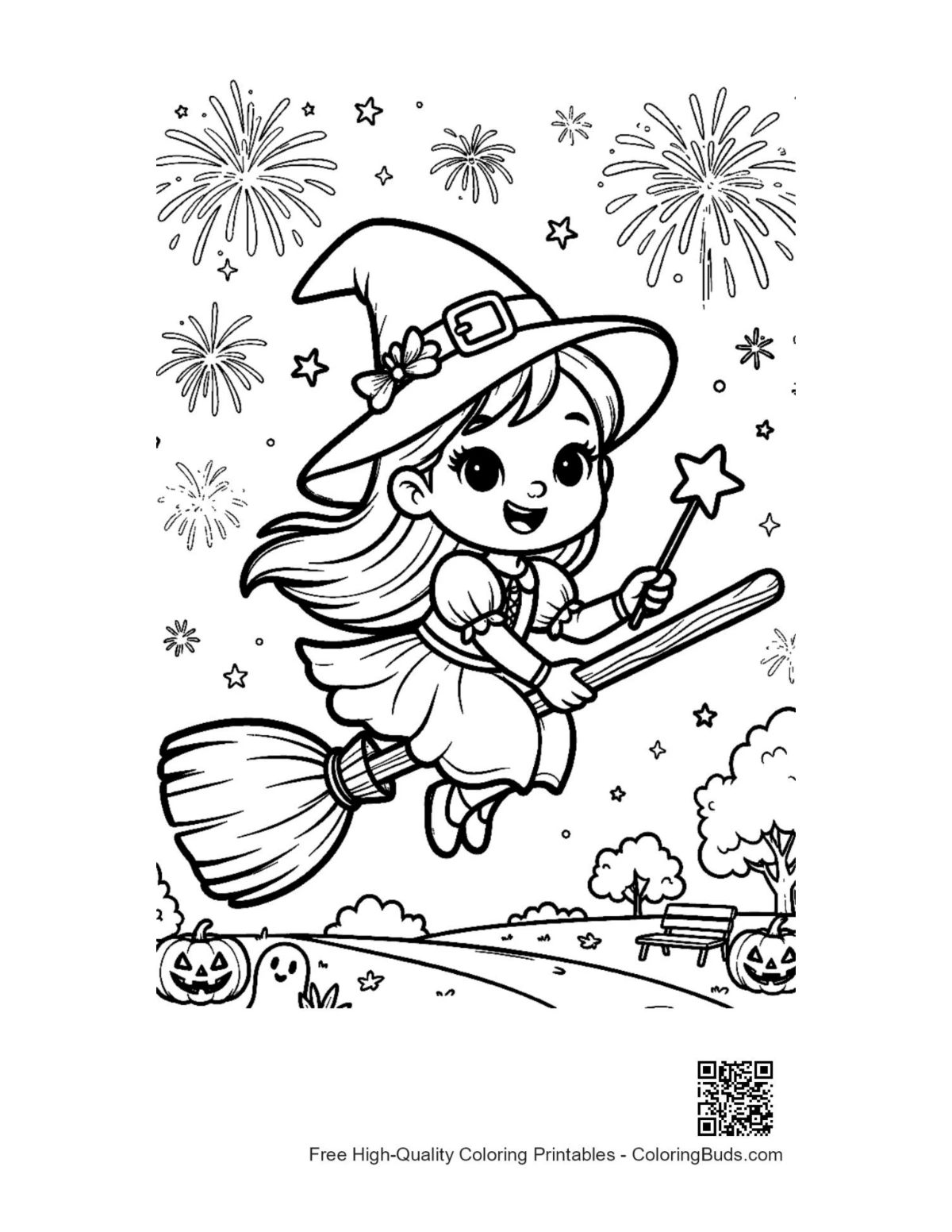 Little witch on broom over village under fireworks coloring page