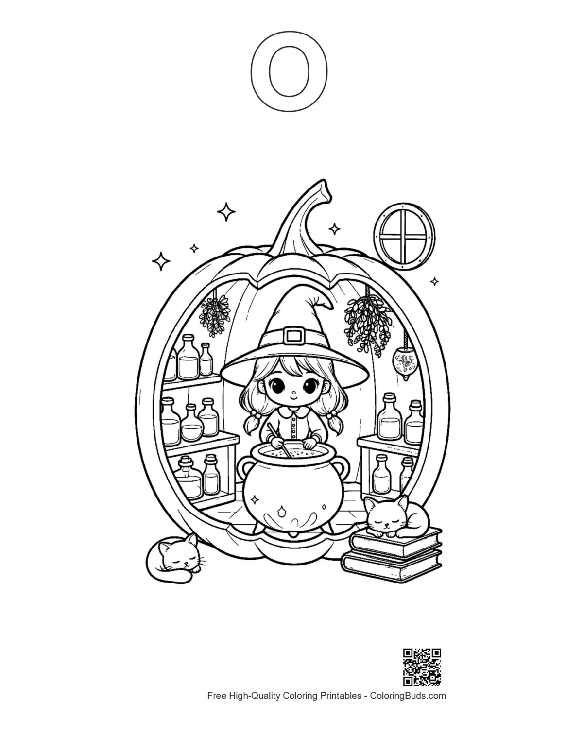 บ้านฟักทองแม่มด ภาพระบายสีตัวอักษร O เส้นร่าง