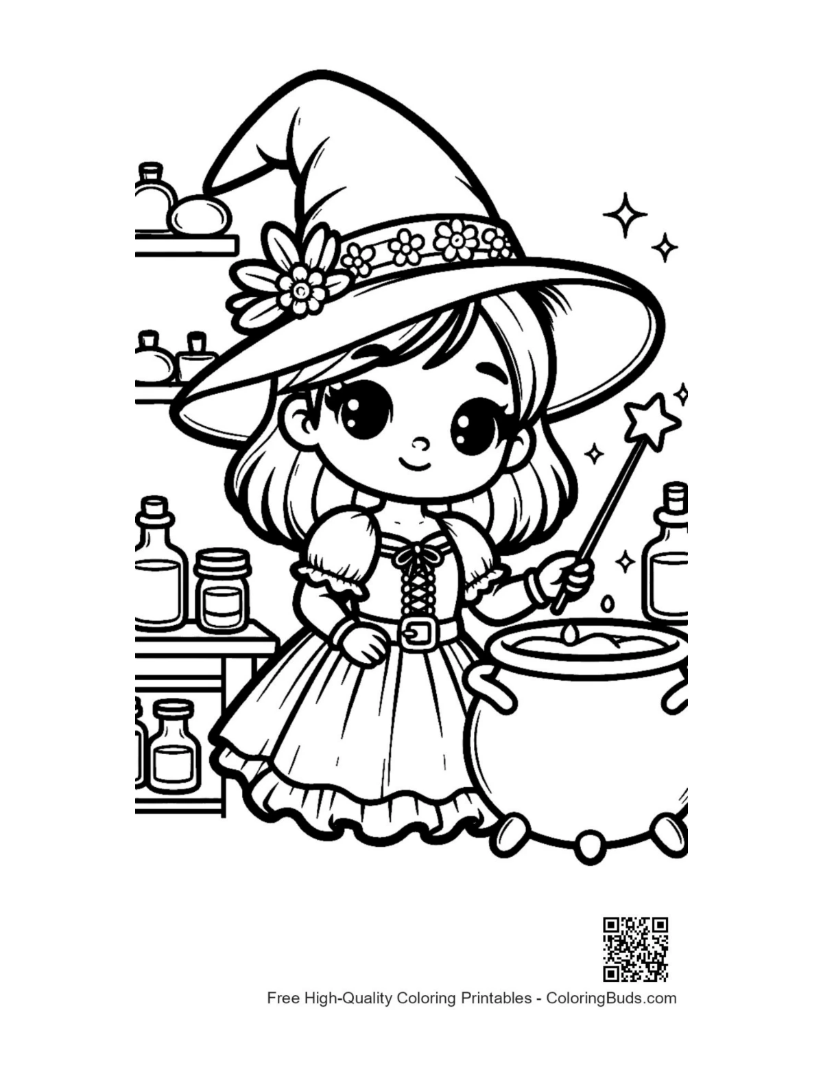 Little witch at bubbling cauldron with magic books coloring page