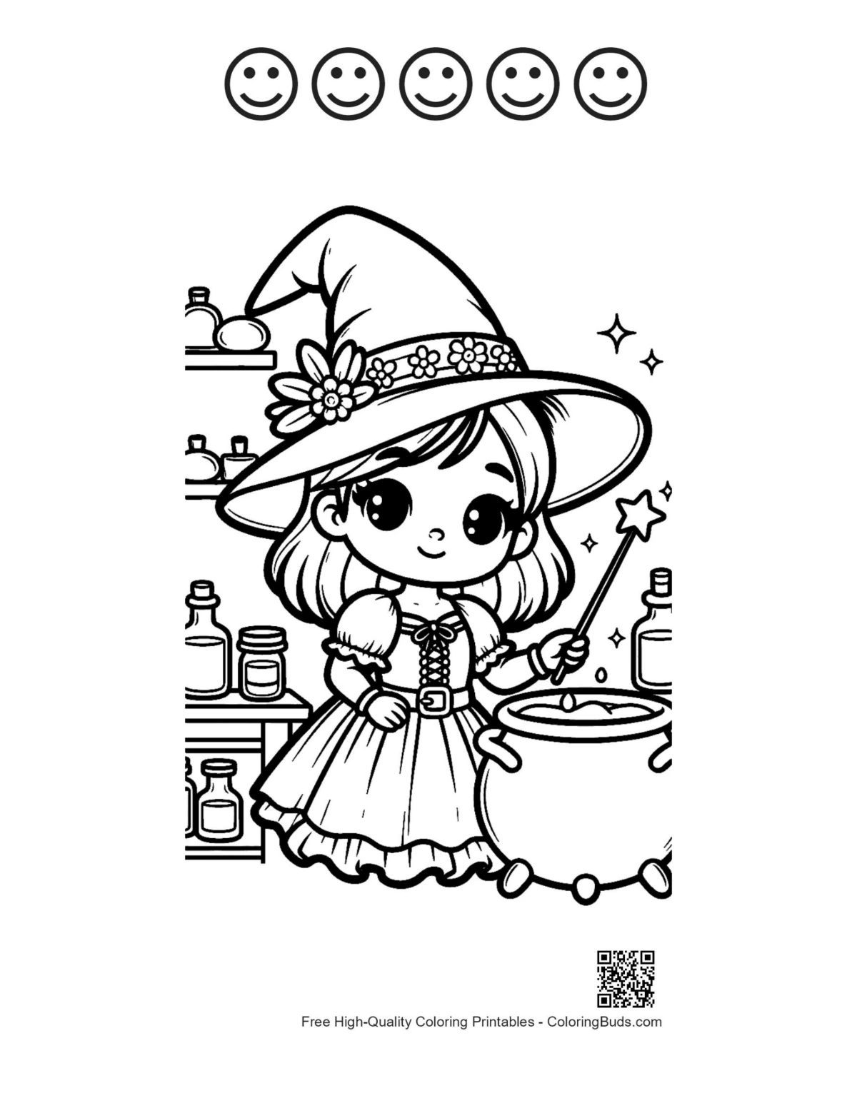 Spooky witch cauldron printable with 5 happy face outlines