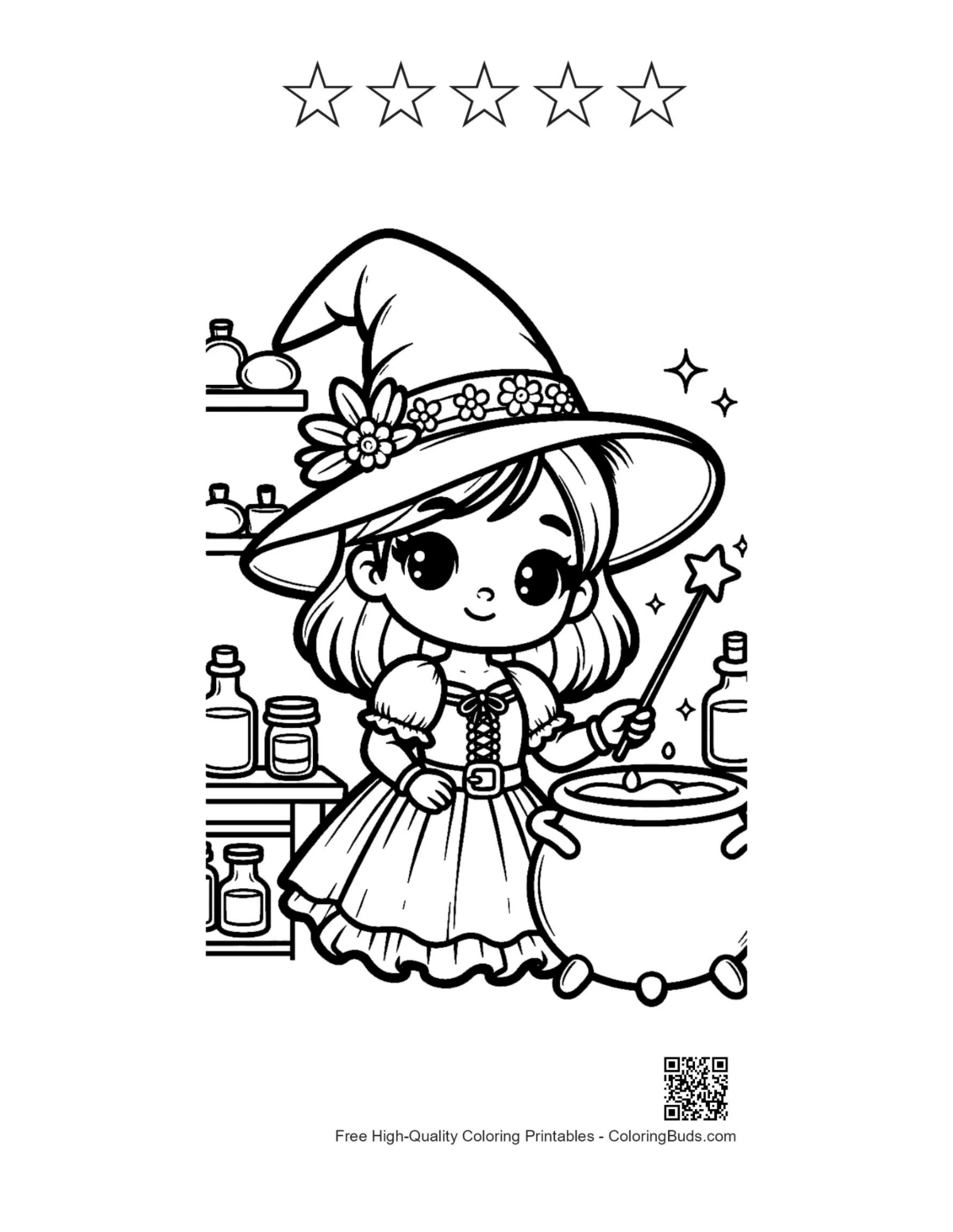 Little witch coloring page with cauldron and 5-star outline