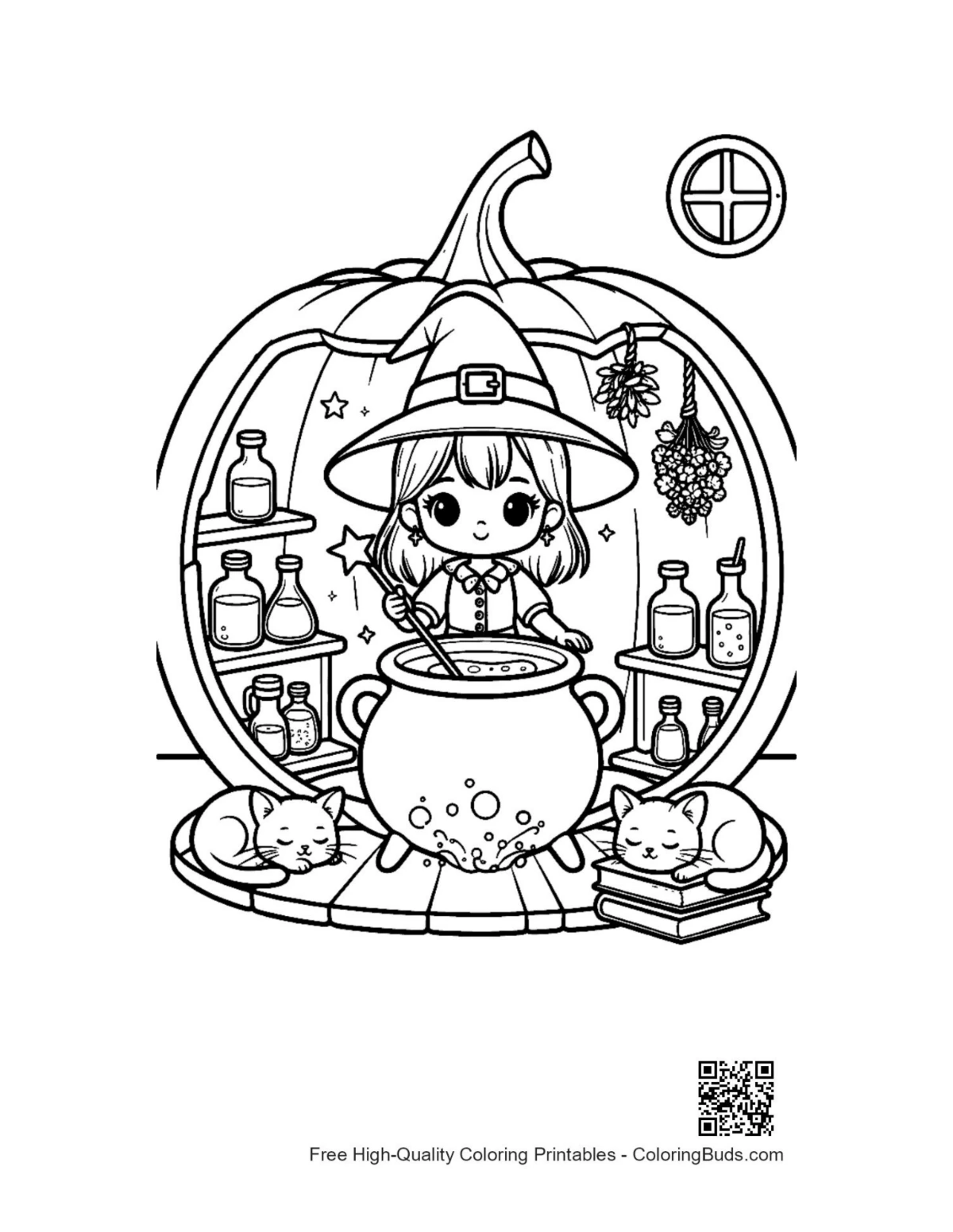 Cute witch coloring page printable for kids