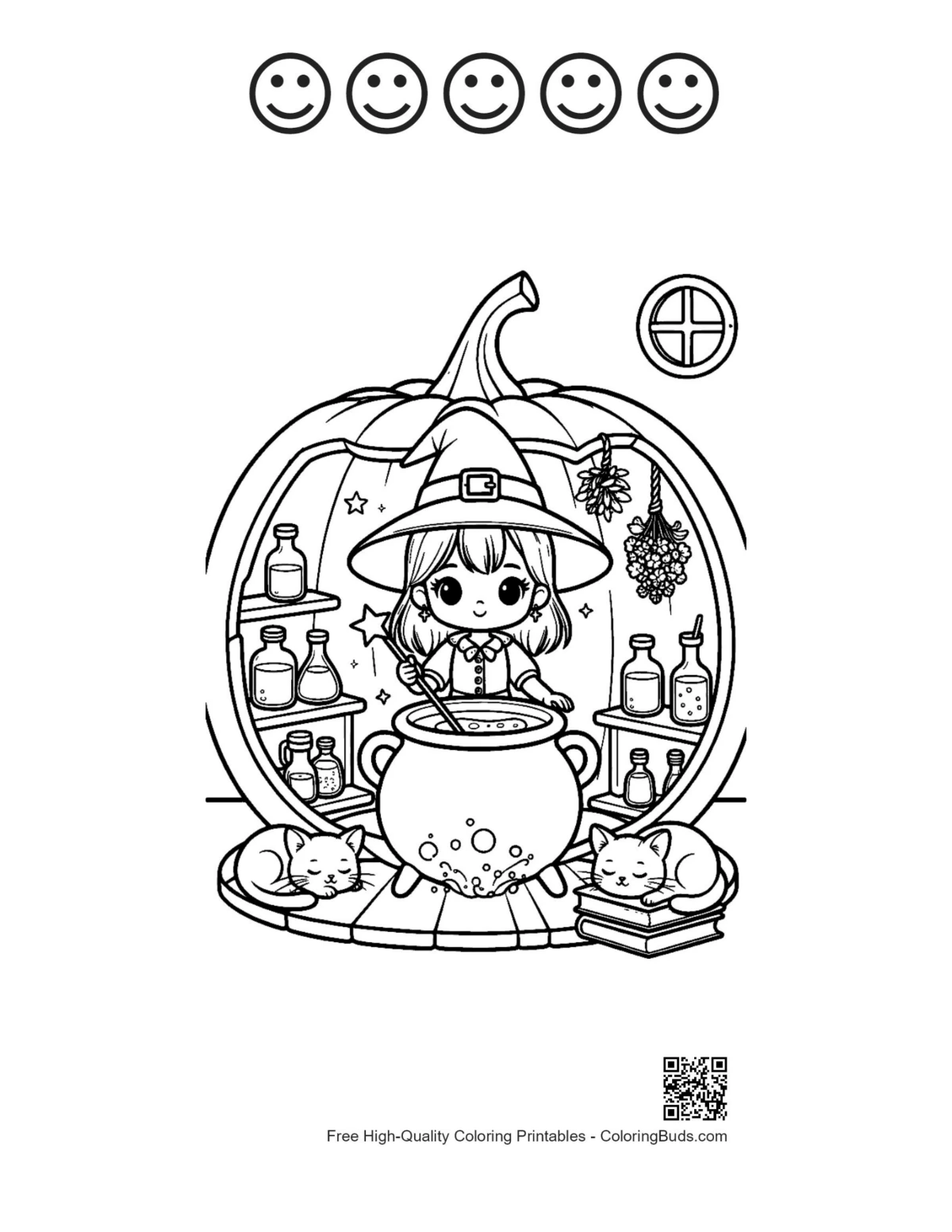 Printable witch page with 5 happy faces for kids