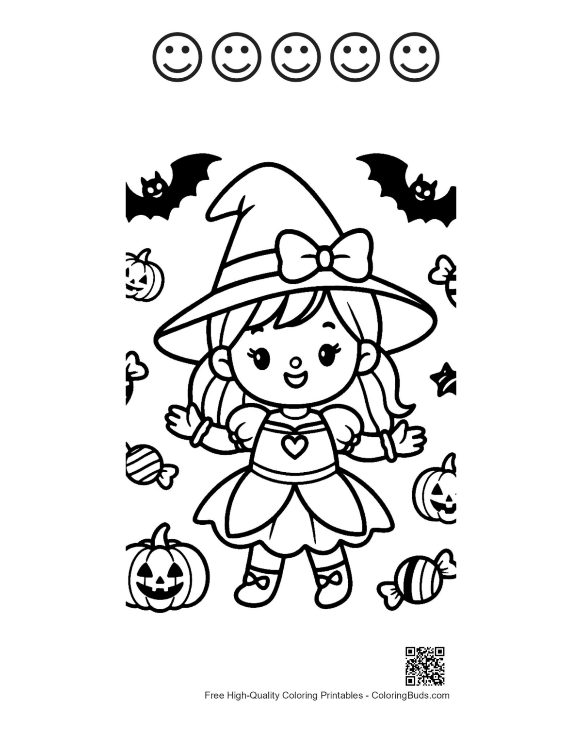 Witch coloring page 5 happy faces