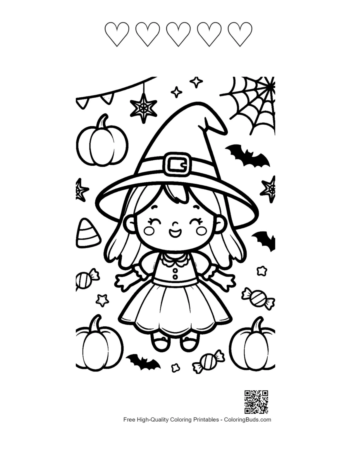 Witch and 5 hearts outline coloring sheet