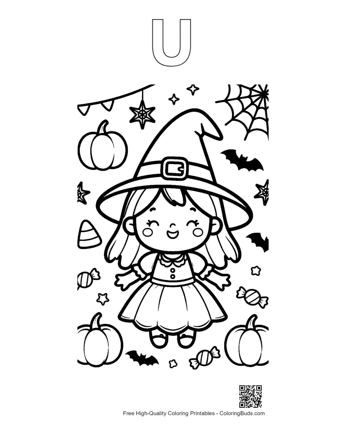 Witch outline alphabet U printable page