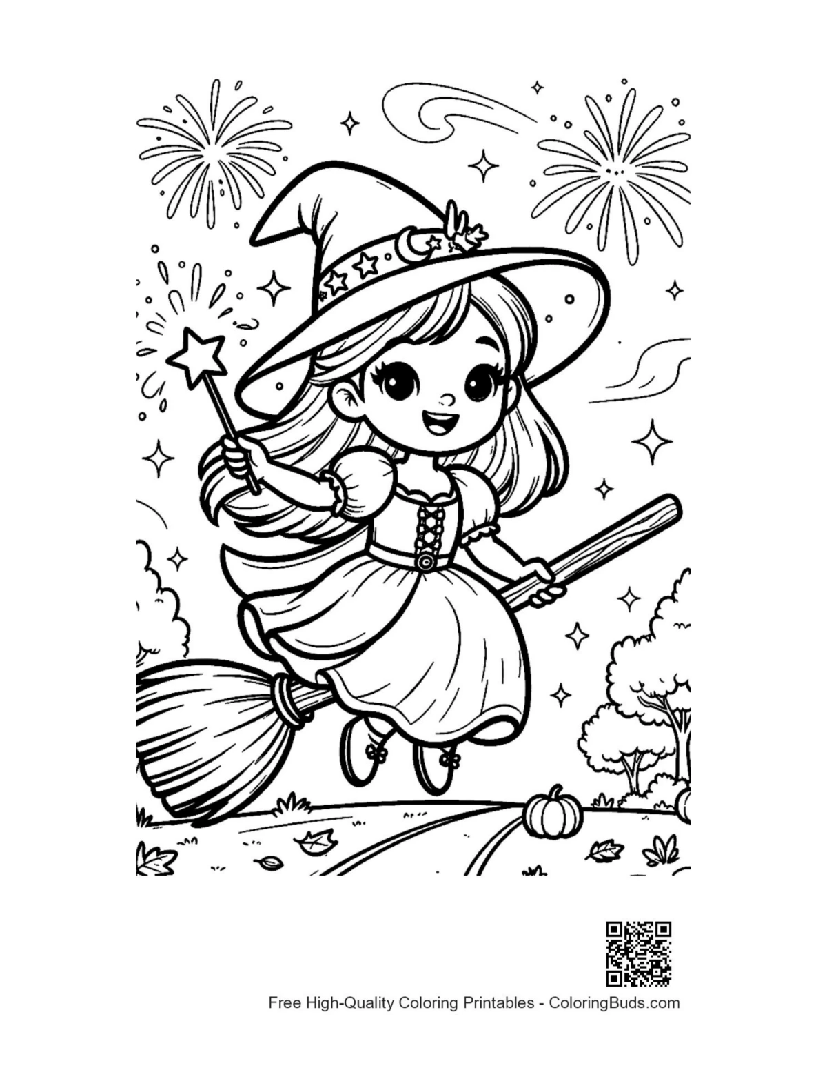 Young witch broomstick pumpkin field night sky coloring page